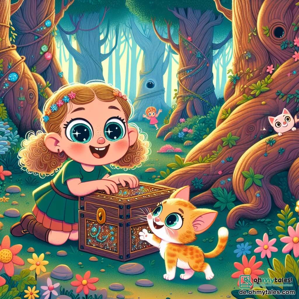 Une illustration sous forme de dessin destinée aux enfants représentant un vaste et ancien bois rempli de grands arbres aux troncs noueux et de fleurs colorées, où une petite fille de 3 ans aux grands yeux brillants et aux cheveux bouclés joue joyeusement avec un petit chaton orange qui parle, alors qu'ils découvrent ensemble une mystérieuse boîte en bois ornée de motifs scintillants, symbolisant leur aventure dans le temps.