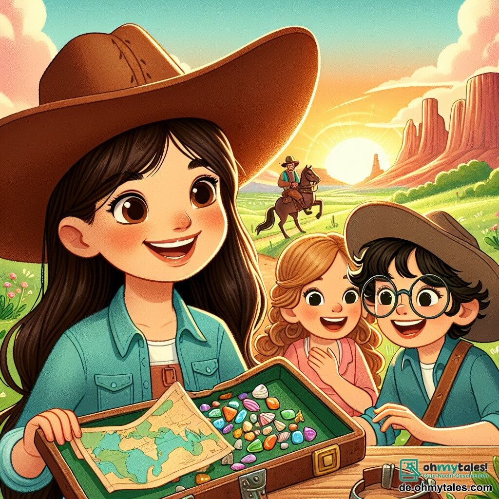 Une illustration sous forme de dessin destinée aux enfants représentant un vaste paysage du Far West avec des collines verdoyantes et un majestueux coucher de soleil, au premier plan une jeune cowgirl aux longs cheveux bruns, portant un grand chapeau de cowboy et un sourire éclatant, qui tient une carte ancienne dans ses mains, tandis qu'à ses côtés se tiennent deux enfants, un garçon aux lunettes et une fille aux cheveux bouclés, tous trois regardant avec excitation une petite trousse remplie de pierres colorées et de coquillages, symbolisant leur découverte d'un trésor caché et l'importance de l'amitié dans leurs aventures.