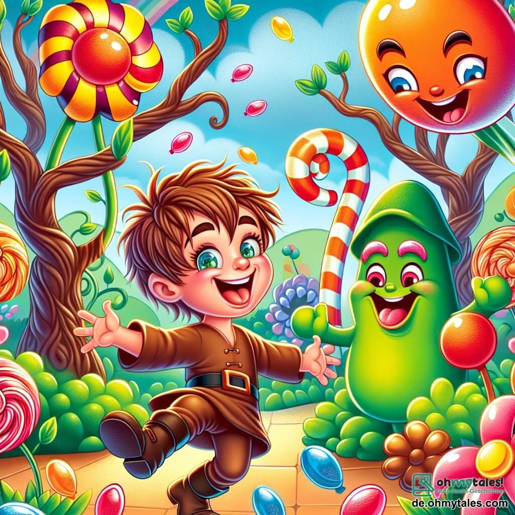 Une illustration sous forme de dessin destinée aux enfants représentant un jardin coloré et magique, avec des arbres en chocolat et des fleurs en bonbons, où un garçon de 11 ans aux cheveux ébouriffés et aux yeux pétillants danse joyeusement avec un gummibärchen souriant, tandis qu'une gigantesque gummiente aux couleurs vives les observe avec un sourire malicieux, le tout dans une atmosphère de fête et de folie, symbolisant l'aventure loufoque et absurde qu'ils vivent ensemble.