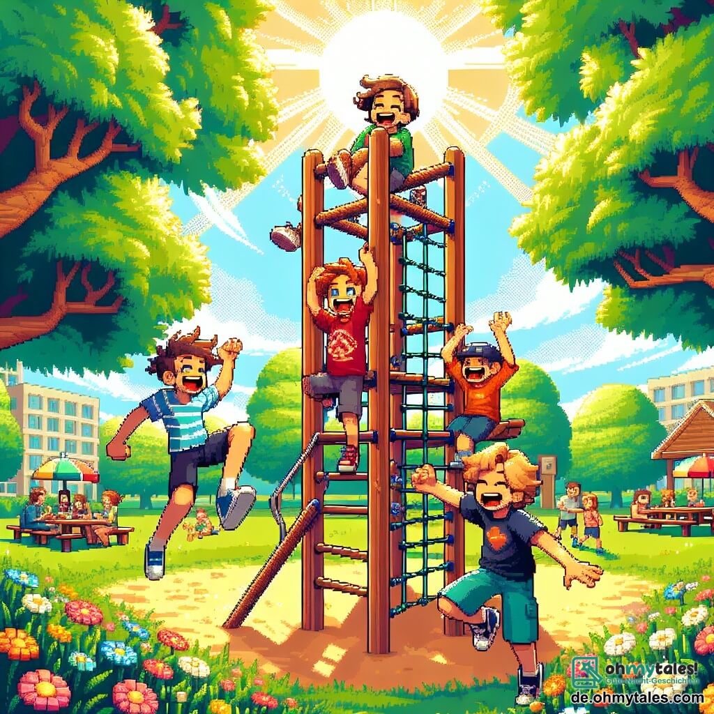 Illustration eines sonnigen Parks, gefüllt mit bunten Blumen und großen Bäumen, die Schatten spenden. In der Mitte strahlt ein großer Holzspielplatz unter der Sonne, umgeben von einem gepflegten grünen Rasen. Vier Jungen im Alter von etwa zwölf Jahren haben Spaß zusammen: Einer mit lockigem braunem Haar klettert begeistert auf die Spitze des Spielplatzes, mit einem breiten Lächeln im Gesicht; ein anderer, größer, mit blonden Haaren und Brille, rennt lachend zum Spielplatz; der dritte, mit kastanienbraunen Haaren, trägt ein rotes T-Shirt und bereitet sich darauf vor, vom Spielplatz zu springen; schließlich steht der letzte, mit schwarzen Haaren und blauen Shorts, unten und hebt die Arme, um seine Freunde anzufeuern. Die Atmosphäre ist fröhlich und voller Energie, mit Lachen und Aufregung. Im Hintergrund picknicken Familien auf Decken, und Kinder spielen Frisbee, was dieser sommerlichen Szene Leben und Glück verleiht.