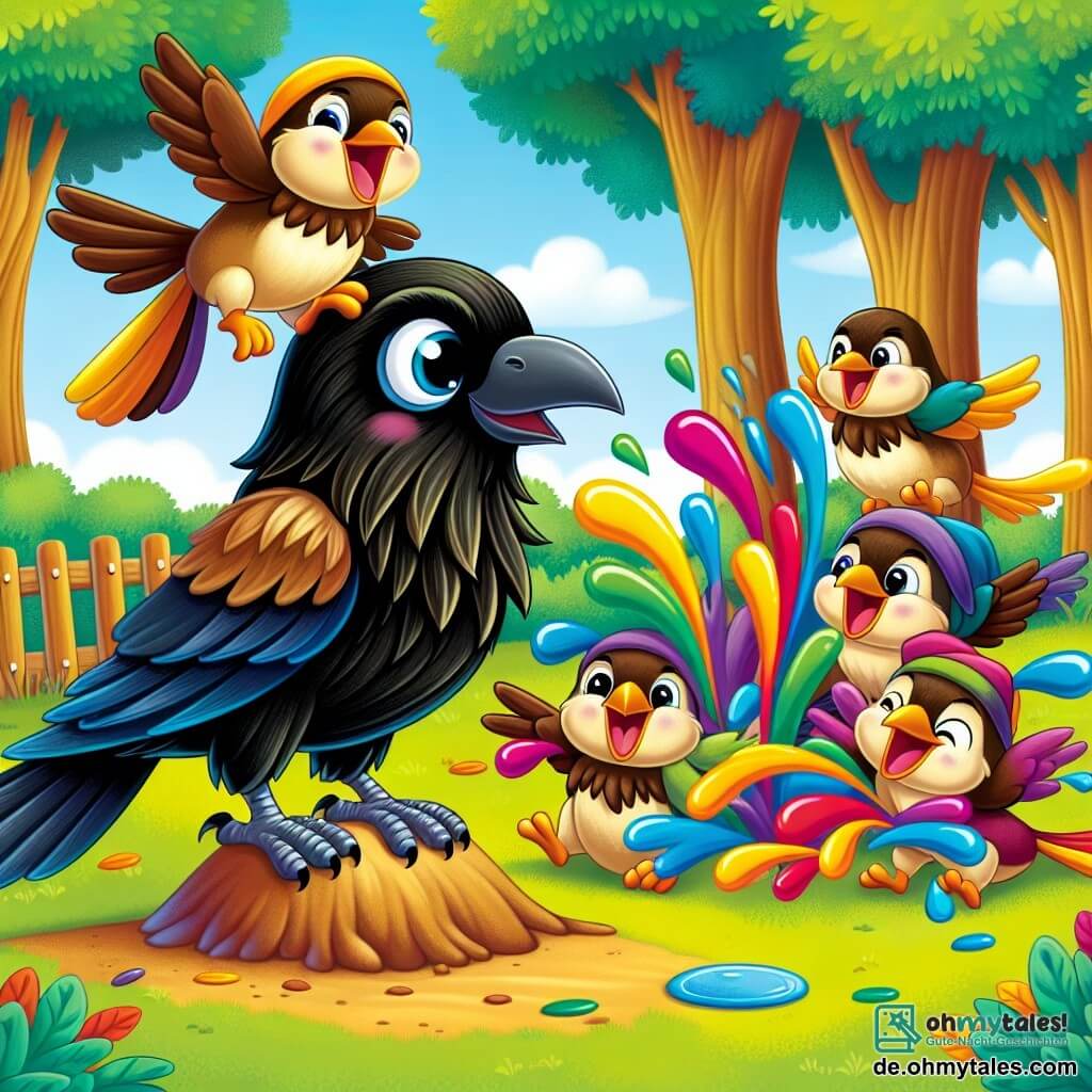Une illustration sous forme de dessin destinée aux enfants représentant un vibrant et coloré parc forestier, où un corbeau au plumage noir brillant et aux yeux pétillants se tient joyeusement sur un petit monticule, tandis qu'un groupe de spatz aux plumes jaunes et brunes s'amuse à le regarder, tous riant ensemble après un moment de surprise, alors qu'une éclaboussure d'eau colorée jaillit d'une flaque décorée de feuilles, capturant l'esprit ludique et l'amitié des animaux dans leur aventure.