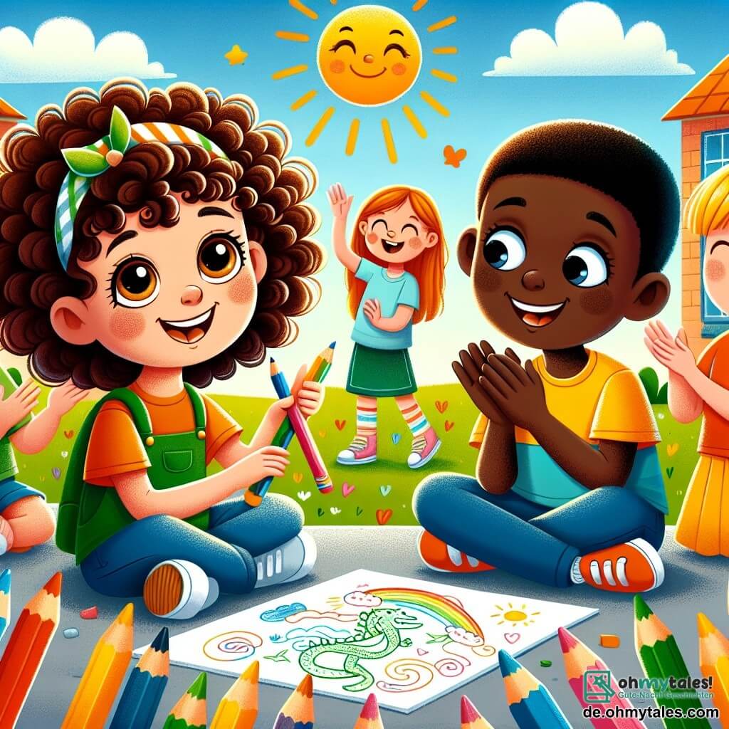 Une illustration sous forme de dessin destinée aux enfants représentant une scène ensoleillée dans une cour d'école colorée, où une fille de 11 ans aux cheveux bouclés et bruns, avec de grands yeux curieux, sourit en tenant des crayons de couleur, entourée de ses amis : un garçon aux cheveux noirs et à la peau foncée, vêtu d'un t-shirt coloré, qui dessine un dragon sur une feuille, et une fille aux cheveux blonds et à la peau claire, qui applaudit avec enthousiasme, illustrant un moment de tolérance et d'amitié où tous les enfants, malgré leurs différences culturelles, s'unissent pour partager leurs passions créatives.