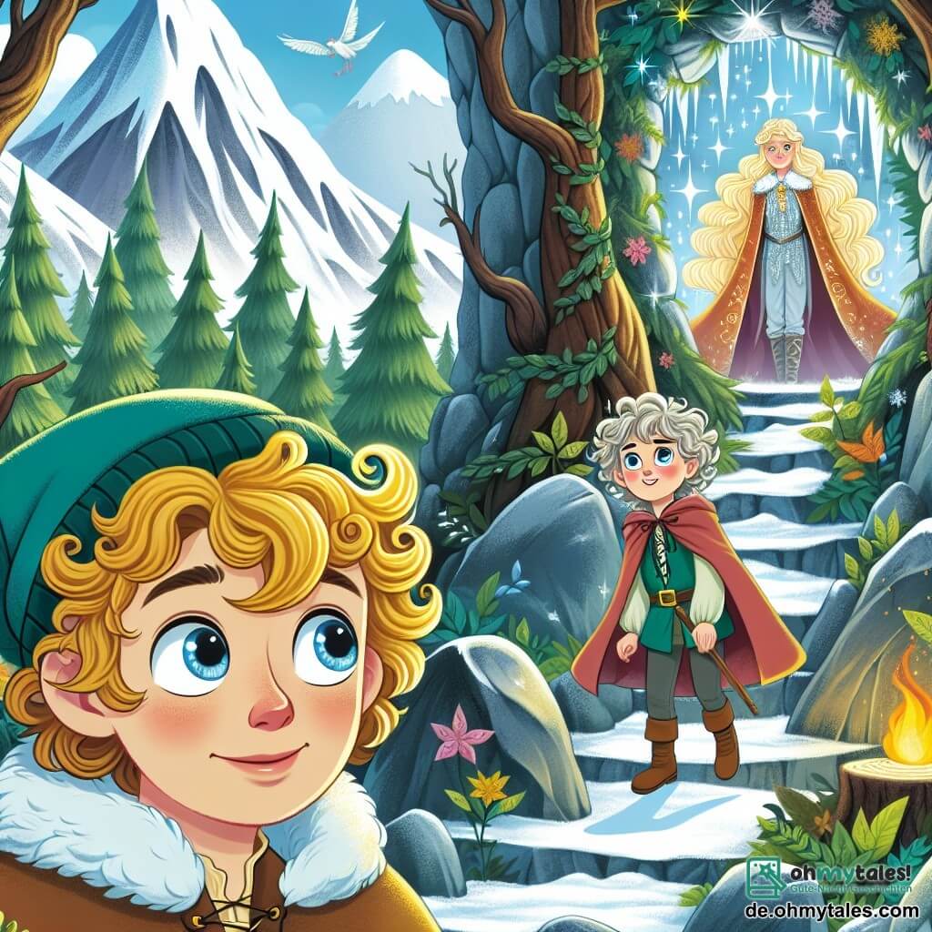 Une illustration destinée aux enfants représentant un jeune apprenti sorcier aux boucles blondes découvrant un passage secret dans une forêt enchantée, accompagné d'une courageuse sorcière aux yeux étincelants, dans une école de magie cachée au cœur d'une montagne aux sommets enneigés.