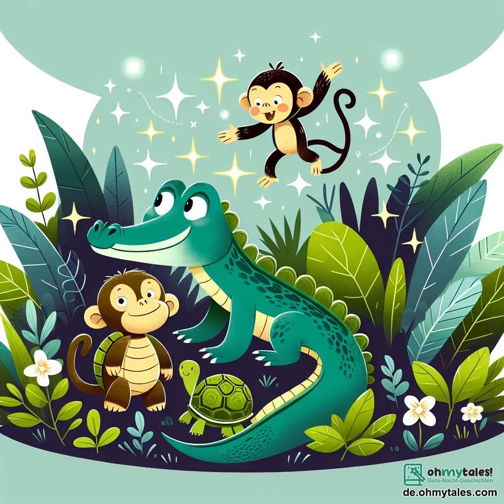 Une illustration destinée aux enfants représentant un jeune crocodile curieux et intelligent, accompagné d'un joyeux singe et d'une gentille tortue, explorant un luxuriant et mystérieux jungle rempli de magie.