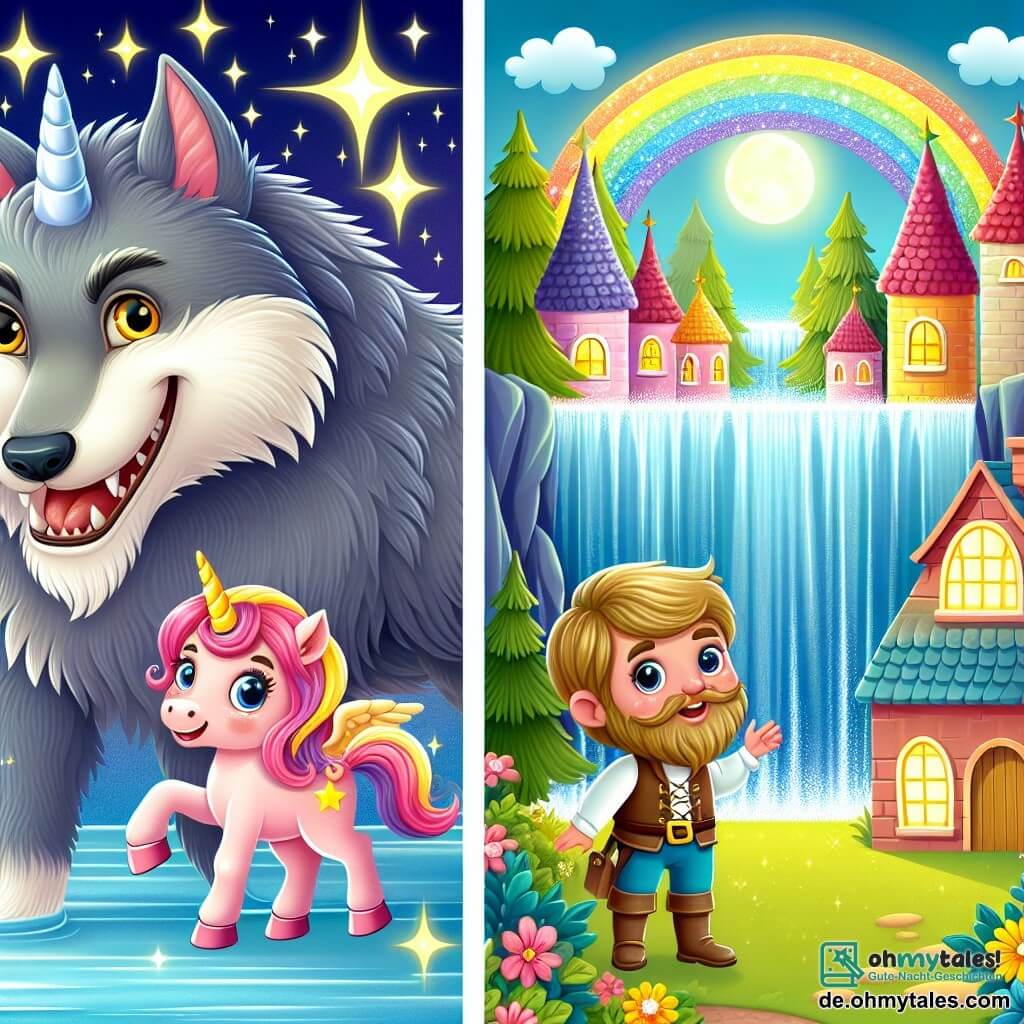 Une illustration destinée aux enfants représentant un loup-garou malicieux, une licorne joyeuse, et un village enchanté caché derrière des cascades étincelantes.
