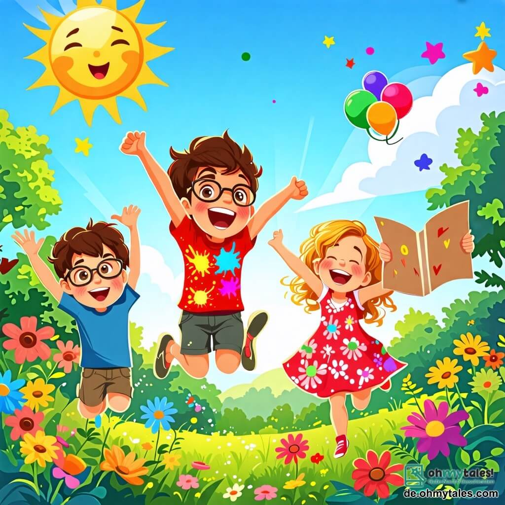 Illustration einer sonnigen Szene in einem bunten Garten, gefüllt mit leuchtenden Blumen und üppigem Grün. In der Mitte springt ein 7-jähriger Junge mit zerzausten braunen Haaren und einem roten, mit Farbflecken bedeckten T-Shirt vor Freude in die Luft, die Arme zum Himmel erhoben und mit einem breiten Lächeln im Gesicht. Neben ihm lacht ein 7-jähriges Mädchen mit lockigem, goldenem Haar in einem Blumenkleid und hält eine Schatzkarte in den Händen. Ein anderer, etwas größerer Junge mit Brille und blauem T-Shirt zieht eine komische Grimasse, während ein viertes Kind, ein Junge mit schwarzen Haaren und einem lächelnden Gesicht, auf dem Boden sitzt und herzhaft lacht. Die Hauptsituation zeigt die Freunde auf einem Abenteuer, auf der Suche nach einem versteckten Schatz, umgeben von Blättern und kleinen glänzenden Gegenständen, mit einem majestätischen alten Baum im Hintergrund, der dem Ganzen eine geheimnisvolle Note verleiht.