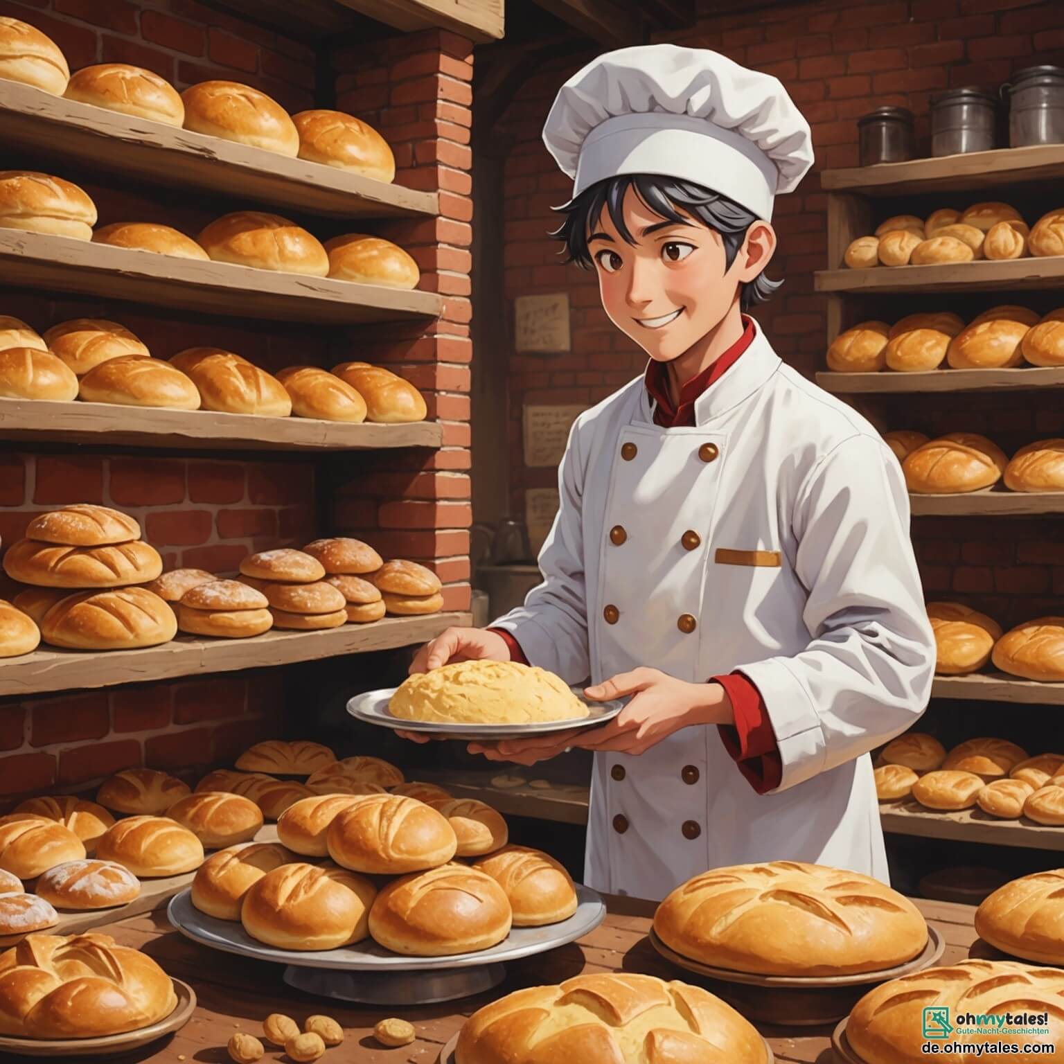 Une illustration destinée aux enfants représentant un homme au sourire chaleureux, vêtu d'une blouse blanche et d'une toque de boulanger, pétrissant avec passion un grand tas de pâte dorée dans sa boulangerie pittoresque aux murs en briques rouges, où des étagères en bois sont remplies de pains croustillants et de brioches sucrées, tandis qu'une petite fille aux yeux pétillants, curieuse et émerveillée, observe avec fascination le processus magique de la création de délicieuses gourmandises.