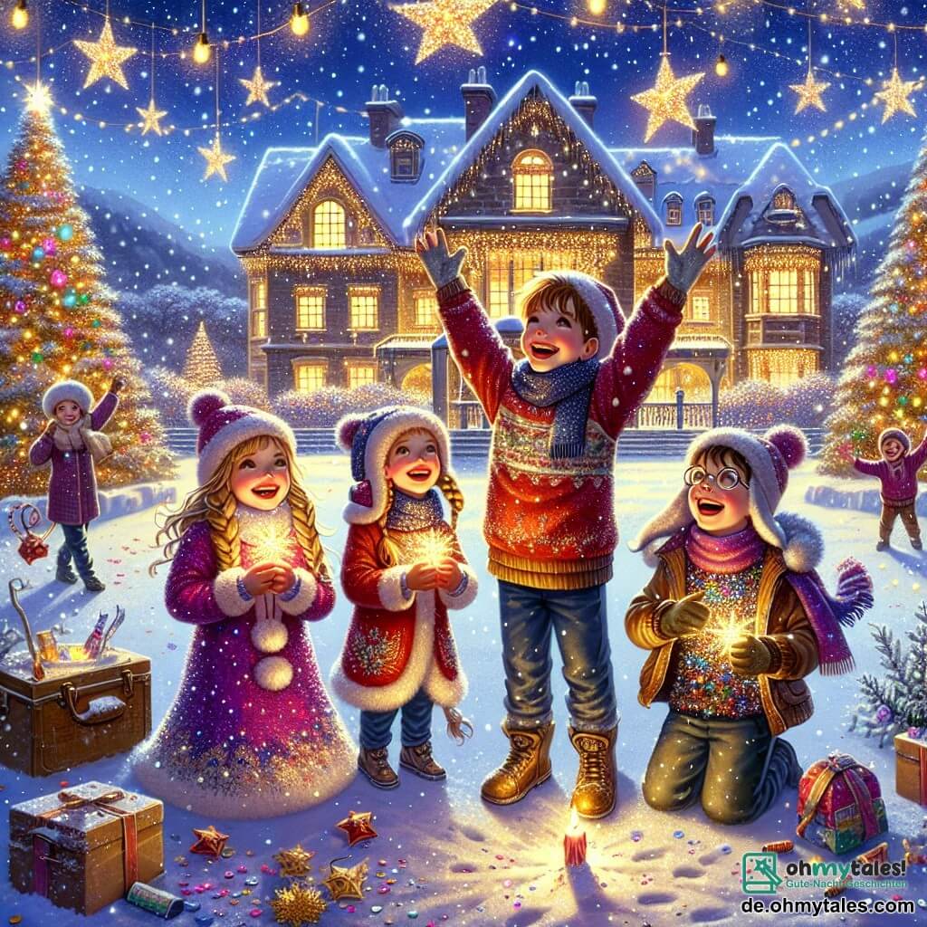 Illustration einer magischen Silvesterszene in einem von funkelnden Lichtern erleuchteten Garten. Im Hintergrund ein großes Haus mit bunten Lichtern an den Fenstern, umgeben von glitzernden Schneeflocken. Im Vordergrund versammeln sich vier Kinder: ein 11-jähriger Junge mit zerzausten braunen Haaren, der einen roten Pullover und eine Wollmütze trägt und einen großen Rucksack voller Glitzersterne hält. Neben ihm ein 10-jähriges Mädchen mit geflochtenen blonden Haaren, das in einem glitzernden Kleid die Arme staunend zum Himmel hebt. Ein weiterer 11-jähriger Junge mit braunen Haaren und Brille lächelt, während er einen leuchtenden Stern in der Hand hält. Schließlich schaut ein 10-jähriges Mädchen mit lockigen Haaren und einem bunten Schal mit funkelnden Augen zu den Sternen. Die Hauptsituation zeigt die Kinder, die funkelnde Sterne in den Nachthimmel werfen und ein zauberhaftes Licht- und Farbspektakel schaffen. Um sie herum schweben magische Funken, während ein kleiner leuchtender Kobold mit schelmischem Lächeln in der Luft tanzt und der festlichen Szene einen Hauch von Geheimnis verleiht. Die Stimmung ist fröhlich und voller Aufregung, die den Geist des Neujahrs und die Freundschaft der Kinder einfängt.
