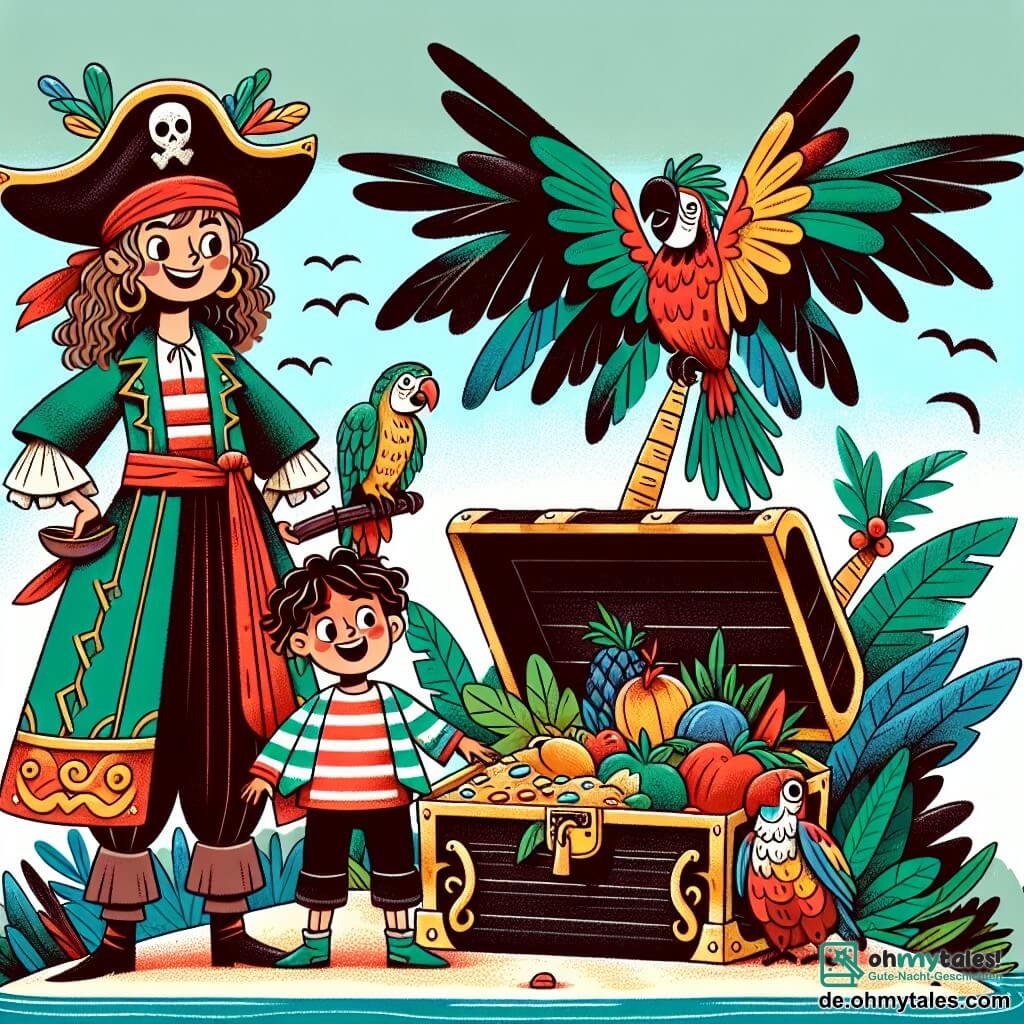 Une illustration sous forme de dessin destinée aux enfants représentant une île mystérieuse avec des palmiers verdoyants et une grande pierre gravée, où une femme pirate courageuse aux cheveux longs et bouclés, portant un bandana rouge et un manteau coloré, se tient fièrement devant une grande trousse au trésor ouverte, entourée de son ami le papagei aux plumes multicolores qui vole joyeusement autour d'elle, et de son compagnon fort et affamé, un garçon avec une chemise rayée, qui regarde avec émerveillement les fruits et délices qui remplissent la trousse, illustrant leur quête pour trouver le trésor tout en résolvant des énigmes ensemble.
