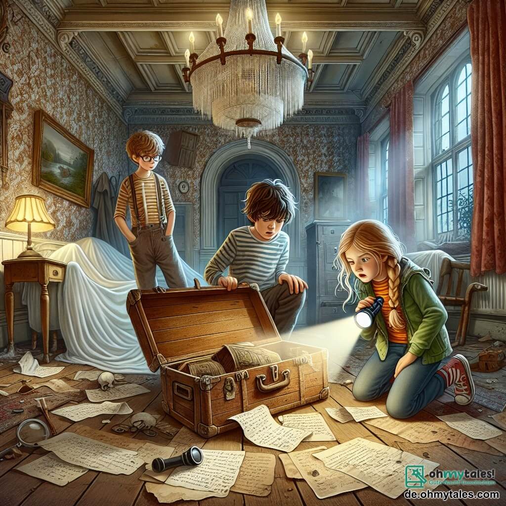 Illustration einer Szene in einer alten, verlassenen Villa. Die Wände sind mit verblasster Tapete bedeckt, und Spinnweben hängen aus den Ecken der Decke. Ein großer, staubiger Kronleuchter beleuchtet schwach den Raum und zeigt alte Möbel, die mit weißen Tüchern bedeckt sind. In der Mitte ist eine alte Holzkiste geöffnet, die vergilbte Briefe und eine geheimnisvolle Truhe offenbart. In dieser Szene hockt ein zwölfjähriger Junge mit zerzausten braunen Haaren und einem gestreiften T-Shirt neben der Kiste und betrachtet die Briefe neugierig. Neben ihm steht ein zwölfjähriges Mädchen mit langen, geflochtenen blonden Haaren und einer bunten Weste, das eine Taschenlampe hält, die die Truhe beleuchtet. Ein anderer, etwas größerer Junge mit Brille und Mütze beobachtet aufmerksam mit verschränkten Armen, als würde er über einen Plan nachdenken. Die Hauptsituation zeigt die drei Freunde bei der Untersuchung, während sie Hinweise auf einen versteckten Schatz entdecken. Um sie herum liegen verstreute Papiere und eine alte Holzkiste, die der Illustration einen Hauch von Geheimnis verleihen. Die Atmosphäre ist sowohl faszinierend als auch aufregend, mit tanzenden Schatten, die durch das flackernde Licht der Taschenlampe erzeugt werden.