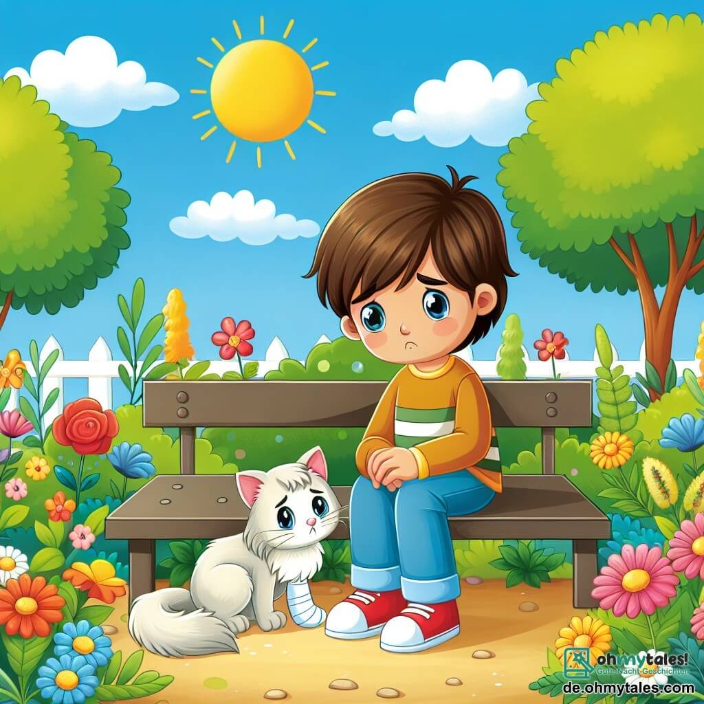 Une illustration destinée aux enfants représentant un garçon aux cheveux bruns, assis tristement sur un banc, accompagné d'une petite chatte blanche à la patte bandée, dans un jardin ensoleillé entouré de fleurs colorées et d'arbres verdoyants.