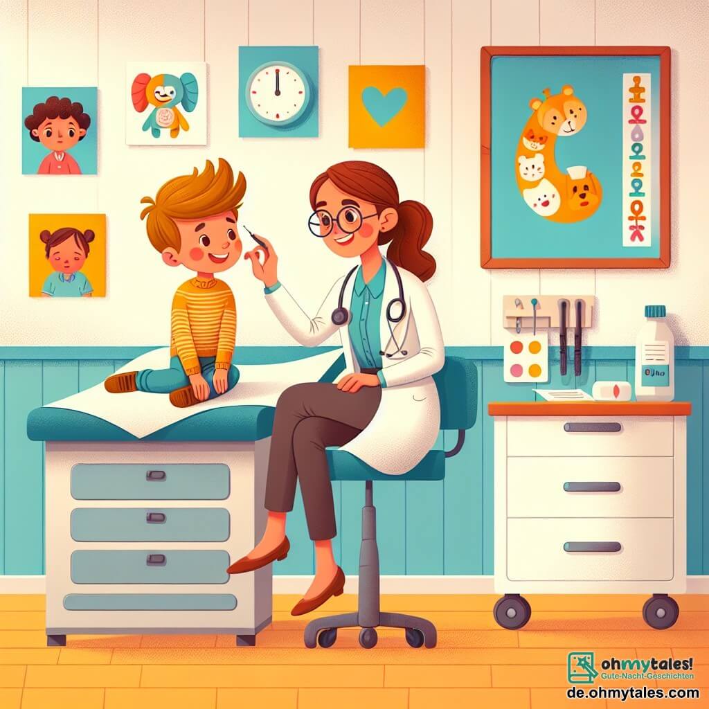 Une illustration sous forme de dessin destinée aux enfants représentant une salle de consultation lumineuse et colorée, avec des murs ornés de dessins d'enfants, où une femme médecin souriante aux cheveux châtains et aux lunettes rondes examine un petit garçon aux cheveux blonds, assis sur une table d'examen, tandis qu'une infirmière aux cheveux bruns et en uniforme observe avec bienveillance, le tout dans une ambiance chaleureuse et rassurante, illustrant le moment où le médecin aide l'enfant à surmonter sa peur d'un examen médical.
