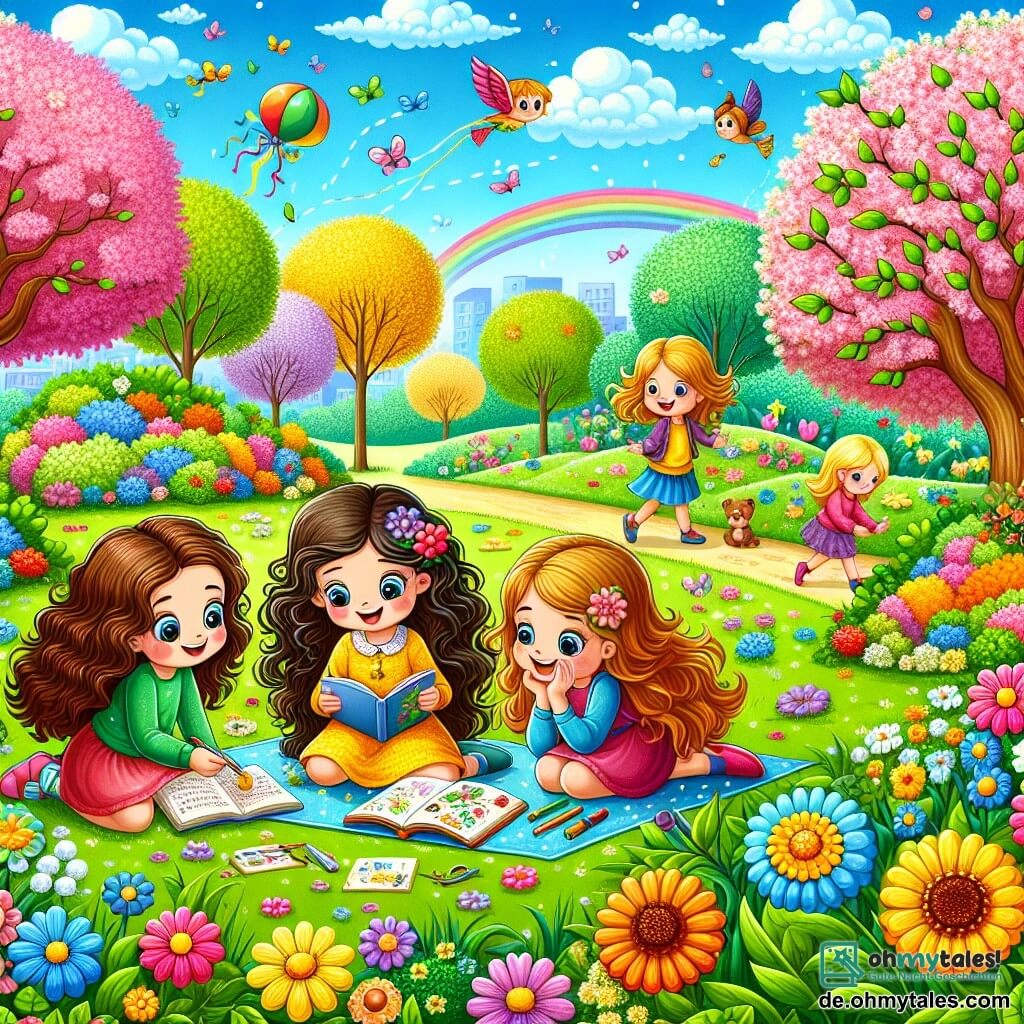 Illustration eines Parks im Frühling, mit blühenden Bäumen in lebhaften Farben, grünem Gras und bunten Blumen, die unter einem hellblauen Himmel mit weißen Wolken erblühen. Im Zentrum des Bildes sitzen drei etwa 8-jährige Mädchen mit langen, lockigen Haaren auf einer grünen Wiese. Eine von ihnen, mit braunen Haaren, trägt ein gelbes Kleid und betrachtet fasziniert eine kleine Blume. Die zweite, mit blonden Haaren, benutzt ein kleines Fernglas, um einen Vogel zu beobachten, der auf einem Baum sitzt, während die dritte, mit kastanienbraunen Haaren, in ein Notizbuch schreibt, umgeben von Zeichnungen von Blumen und Insekten. Im Hintergrund fliegen fröhlich Vögel am Himmel, und andere Kinder spielen mit bunten Drachen, was der frühlingshaften Szene eine fröhliche und dynamische Atmosphäre verleiht.
