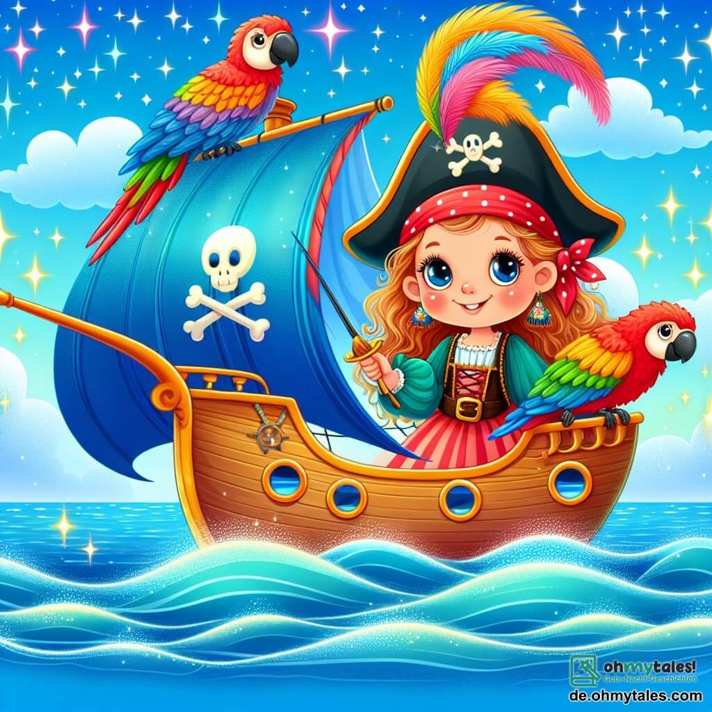 Une illustration destinée aux enfants représentant une courageuse pirate femme, accompagnée de son fidèle perroquet, naviguant sur un navire coloré et animé par une journée ensoleillée au milieu d'une mer scintillante d'un bleu profond, empreinte d'aventure et de mystère.