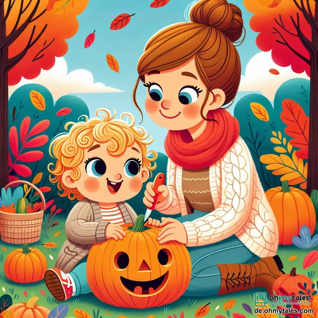 Illustration eines herbstlichen Gartens, der vor Farben sprüht, mit roten, gelben und orangefarbenen Blättern, die von den Bäumen fallen. In der Mitte sitzt ein einjähriges Mädchen mit lockigem, blondem Haar und rosigen Wangen auf dem Gras, ihre Augen strahlen vor Staunen. Sie hält ein kleines Plastikmesser und vor ihr einen großen, runden, gelben Kürbis, während sie lacht. Neben ihr lächelt eine Frau in den Dreißigern mit braunen, zu einem Dutt gebundenen Haaren, die sie ansieht, und trägt einen Wollpullover und Jeans. Die Frau hilft dem Mädchen, den Kürbis zu schnitzen und lustige Formen zu schaffen. Im Hintergrund sorgen Bäume mit bunten Blättern und ein hellblauer Himmel für eine fröhliche Herbststimmung, während eine leichte Brise die Blätter um sie herum tanzen lässt.
