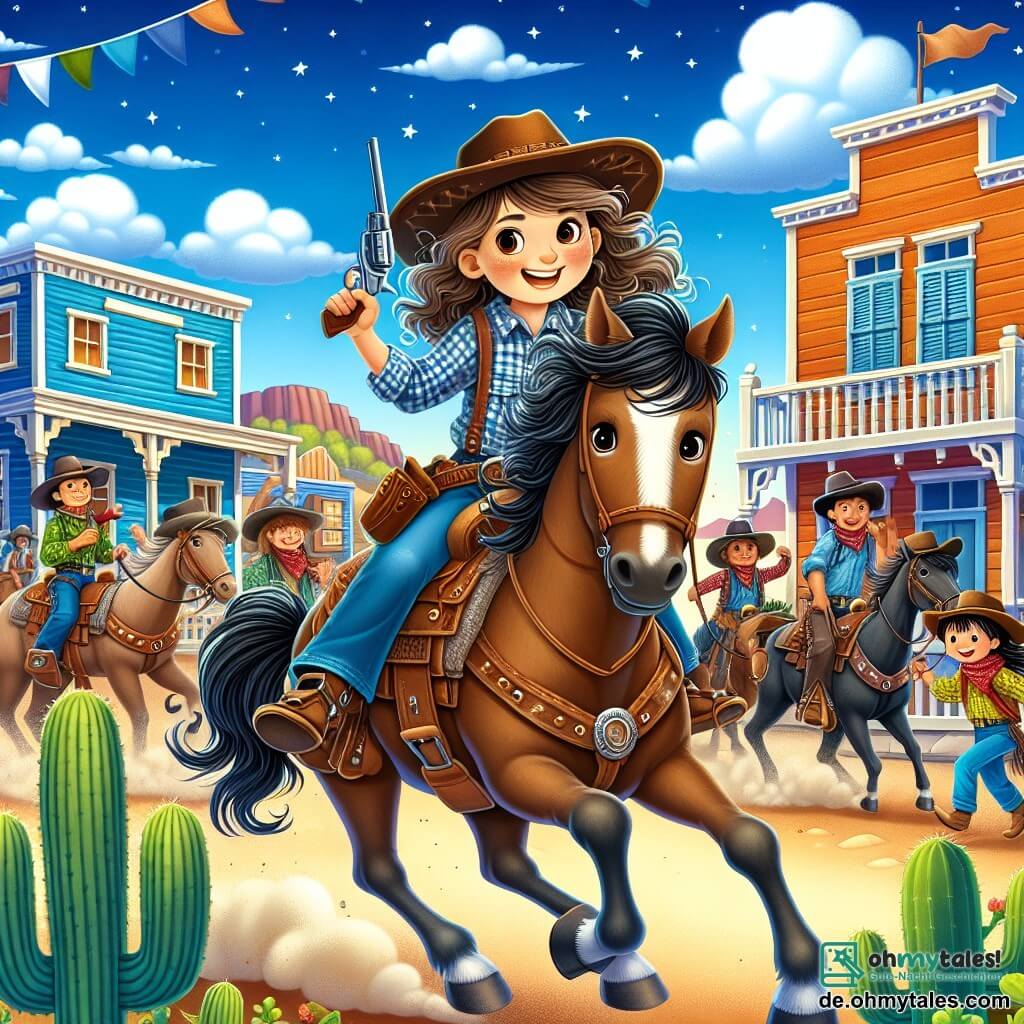 Illustration einer lebhaften Szene in einem kleinen Dorf im Wilden Westen, mit bunten Holzhäusern, wehenden Flaggen und einem strahlend blauen Himmel, der mit weißen Wolken gesprenkelt ist. Im Zentrum reitet eine junge Cowgirl mit langen lockigen Haaren und einem Cowboyhut auf einem braunen Mustang, ihr Gesicht strahlt Entschlossenheit und Mut aus. Sie trägt ein kariertes Hemd und Jeans und hält die Zügel fest, während sie den Zuschauern zulächelt. Um sie herum schauen mehrere Kinder im Alter von etwa 8 bis 10 Jahren mit fröhlichen und neugierigen Gesichtern bewundernd zu. Einige tragen Cowboyhüte, andere halten Spielzeuge in Form von Pferden. Die Hauptsituation zeigt die Cowgirl, die sich bedrohlichen Banditen nähert, mit einem Ausdruck von Tapferkeit auf ihrem Gesicht, bereit, ihr Dorf zu verteidigen. Im Hintergrund nähern sich bedrohlich aussehende Banditen in dunkler Kleidung dem Dorf, was eine spürbare Spannung erzeugt. Zusätzliche grafische Elemente umfassen Kakteen, galoppierende Pferde und Staubwolken, die der Szene zusätzliche Aufregung verleihen.