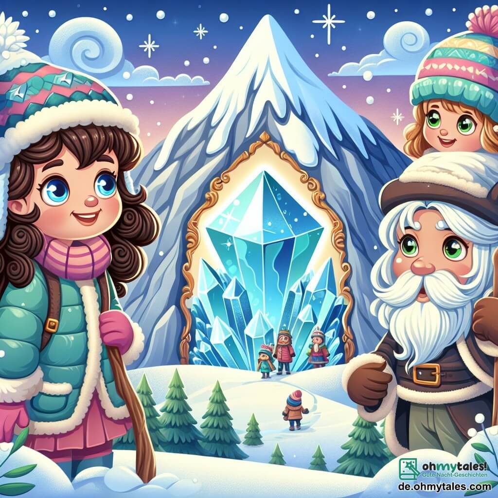 Une illustration sous forme de dessin destinée aux enfants représentant une majestueuse montagne enneigée avec une grande grotte scintillante au sommet, où une jeune fille aux cheveux bruns bouclés et aux yeux bleus, vêtue d'une épaisse veste d'hiver, se tient courageusement devant un grand cristal lumineux, tandis qu'à ses côtés, une autre fille aux cheveux blonds et aux yeux verts, portant un bonnet et une écharpe, l'encourage avec un sourire, et un vieux sage au long manteau et à la barbe blanche, perché sur une branche, les observe avec bienveillance, alors qu'elles s'apprêtent à faire un vœu pour aider leur village.
