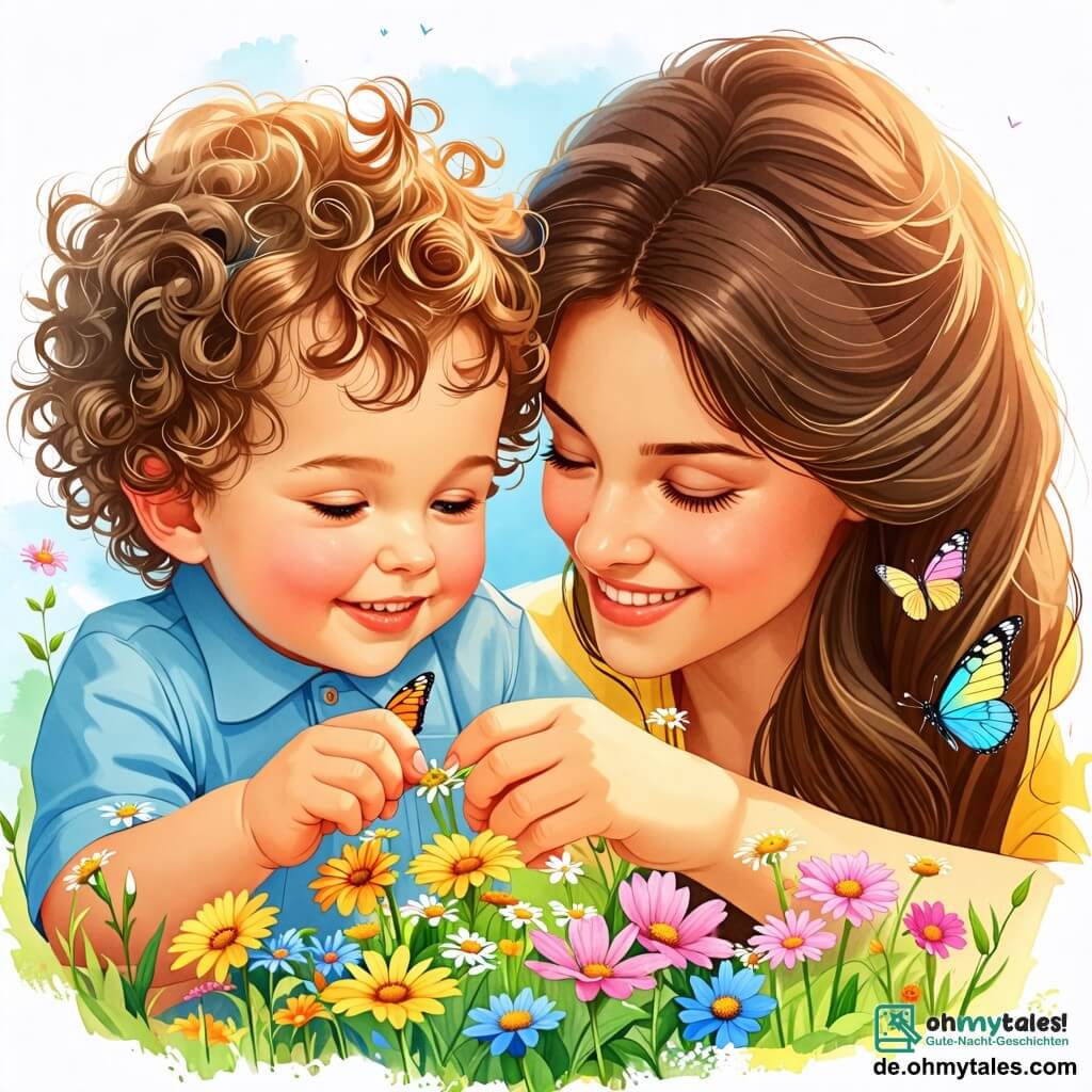Une illustration sous forme de dessin destinée aux enfants représentant un jardin en pleine floraison au printemps, avec un garçon de 2 ans aux cheveux bouclés et aux yeux pétillants, qui touche délicatement les pétales d'une fleur colorée, tandis que sa maman, une femme souriante aux cheveux longs et bruns, l'observe avec tendresse, et un joli schmetterling aux ailes multicolores vole autour d'eux, créant une atmosphère joyeuse et enchanteresse.