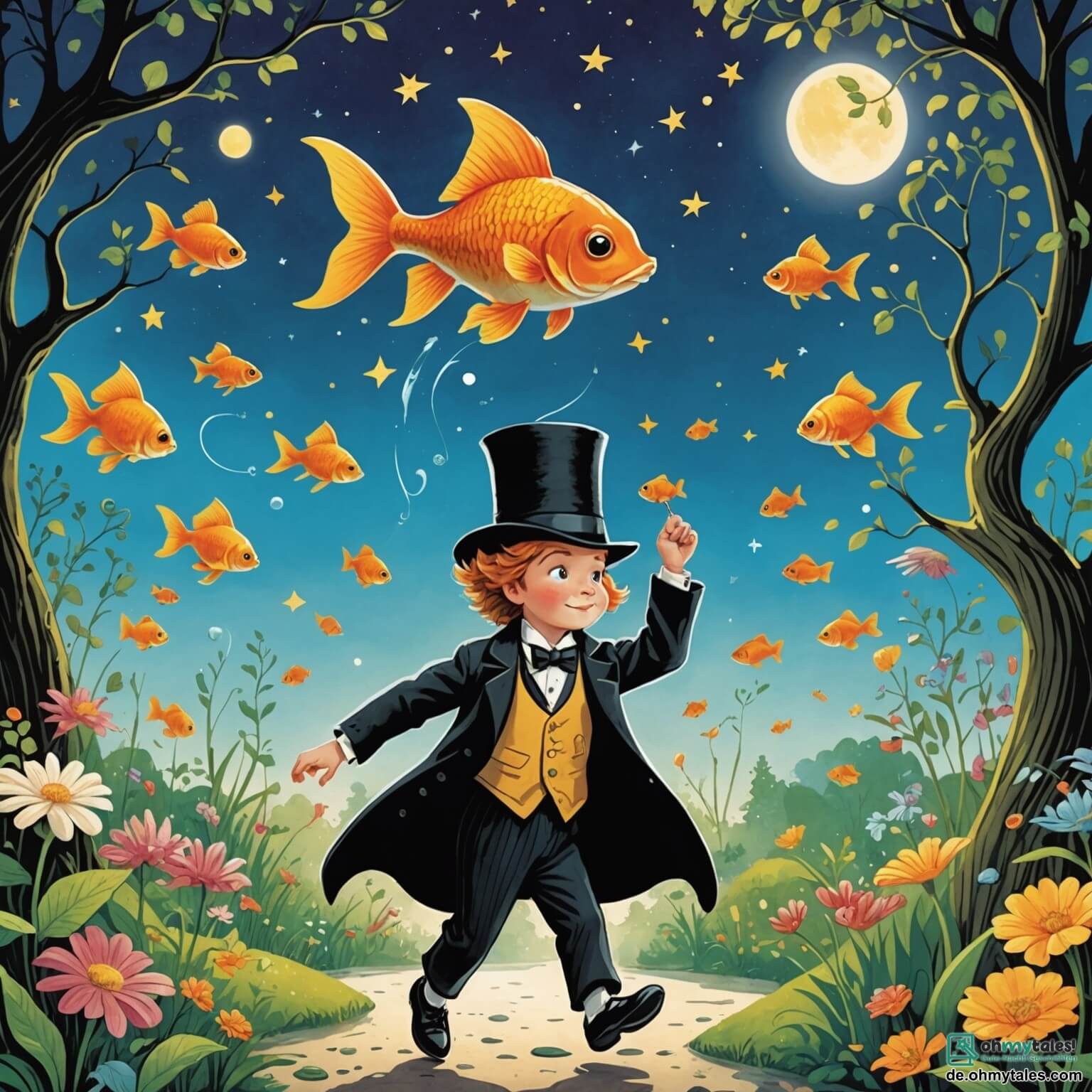 Une illustration destinée aux enfants représentant un garçon aux cheveux en bataille, portant un chapeau en forme de poisson rouge qui parle et qui nage dans l'air, se retrouve dans un jardin enchanté où les fleurs chantent des chansons de jazz et où les arbres dansent la salsa, tandis qu'un chat en monocle et en queue de pie, qui se prend pour un détective, l'accompagne dans sa quête loufoque pour retrouver une étoile filante égarée dans un pot de confiture géant, le tout sous un ciel violet parsemé de nuages en forme de bonbons et de papillons aux ailes multicolores qui volent en formant des cercles autour d'eux.