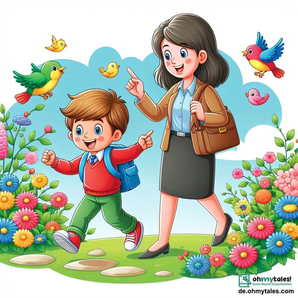 Une illustration destinée aux enfants représentant un garçon curieux vivant une aventure scolaire avec son sympathique professeur dans une école entourée de fleurs colorées et d'oiseaux chantants.
