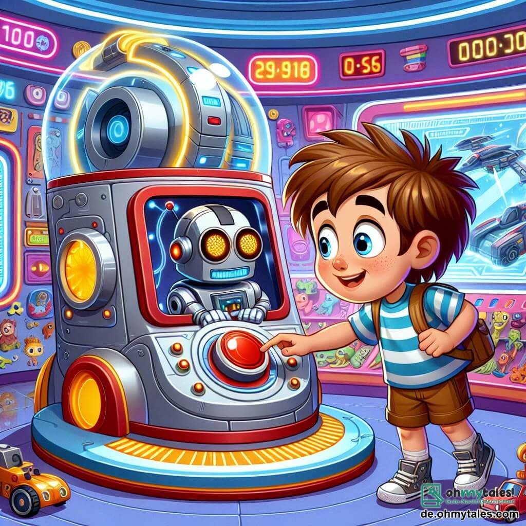 Une illustration sous forme de dessin destinée aux enfants représentant une grande et brillante machine à voyager dans le temps, située dans une chambre colorée remplie de jouets, avec un garçon de 5 ans aux cheveux bruns en désordre, portant un t-shirt rayé et des shorts, qui appuie avec curiosité sur un grand bouton rouge, tandis qu'un petit robot amical aux yeux lumineux et au corps métallique scintillant l'observe avec un sourire, dans un moment de découverte et d'émerveillement, entouré de lumières clignotantes et d'écrans affichant des images de dinosaures et de voitures volantes.