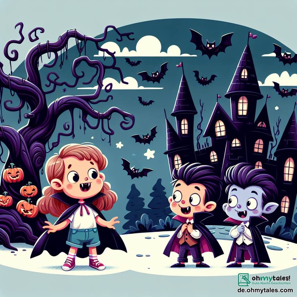 Une illustration destinée aux enfants représentant une petite vampire fillette découvrant une école de vampires rigolos avec son nouvel ami, un vampire garçon farceur, dans un château sombre et mystérieux entouré d'arbres tordus et de chauves-souris volant autour des tours pointues.