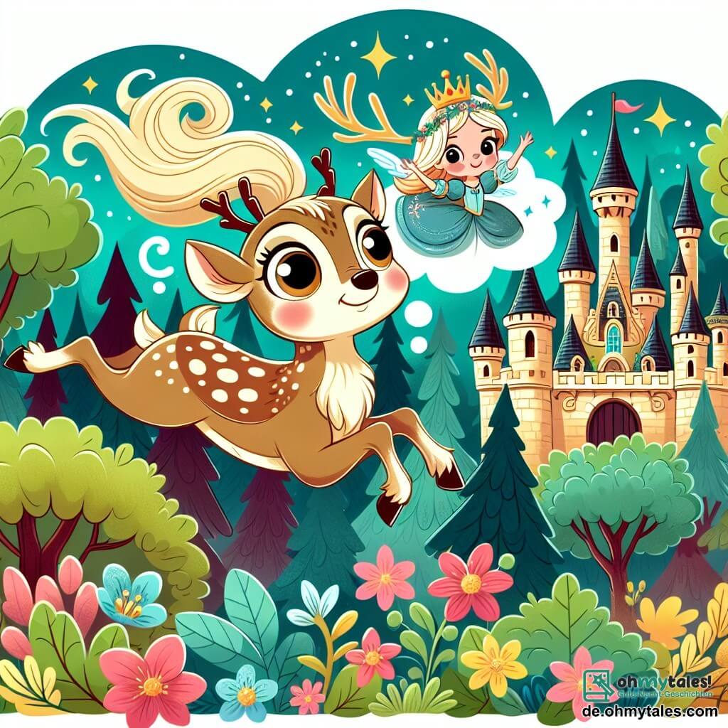 Une illustration destinée aux enfants représentant un jeune renne aux grands yeux curieux, rêvant de voler, accompagné d'une princesse renne courageuse, dans un magnifique château ensorcelé caché au cœur d'une forêt enchantée aux arbres majestueux et aux fleurs chatoyantes.