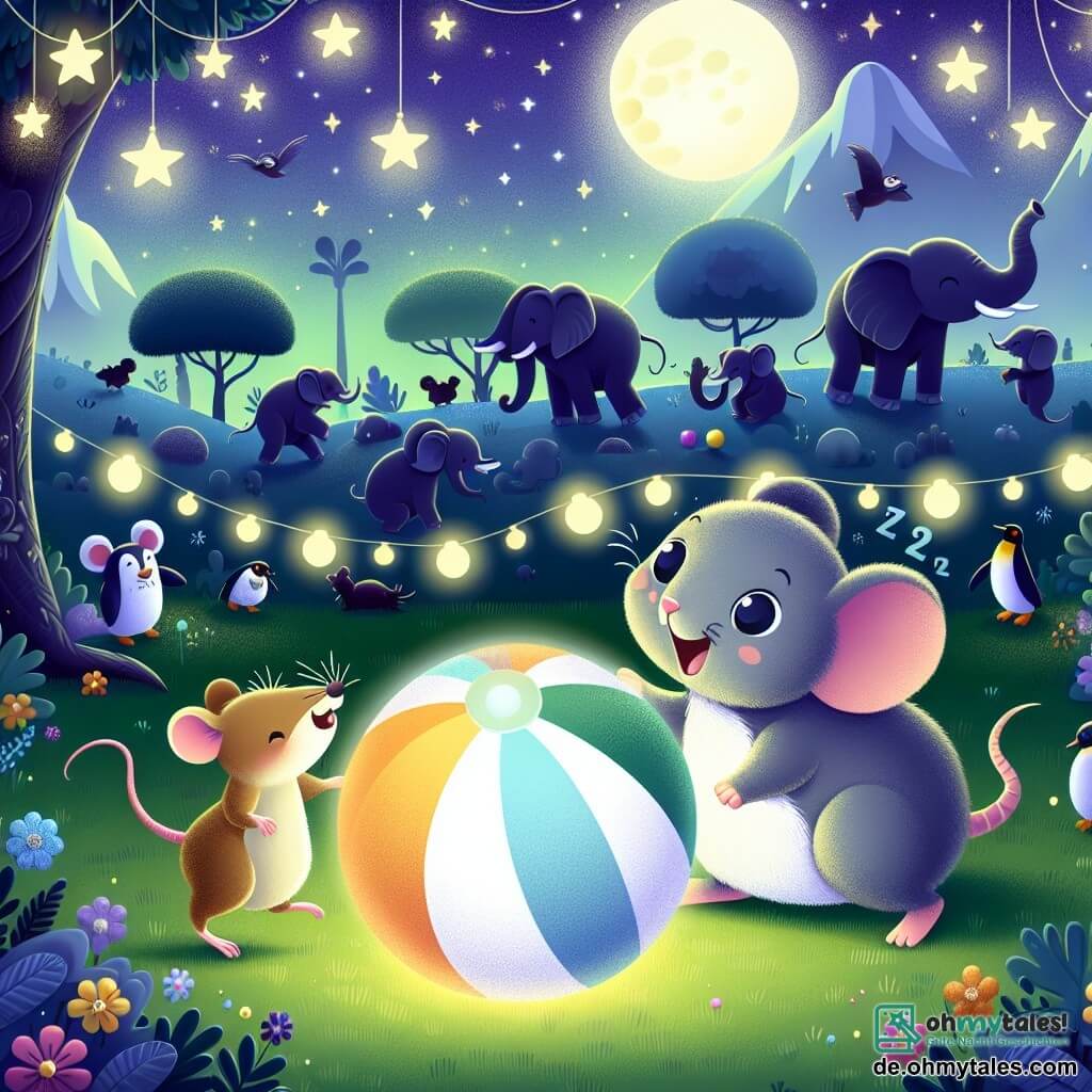 Eine Illustration zeigt eine nächtliche Szene in einem bunten Zoo, beleuchtet von dem sanften Licht des Mondes. Im Vordergrund spielt eine kleine Maus mit großen Ohren und grauem Fell, deren Augen vor Schalk blitzen, fröhlich mit einem großen bunten Ball. Neben ihr lacht eine kleine, hellbraune Maus mit einem feinen Schwanz und neugierigen Augen, während sie dem Ball hinterherläuft. Im Hintergrund zeichnen sich die Silhouetten schlafender Löwen und majestätischer Elefanten unter den Sternen ab, während eine Gruppe Pinguine fröhlich tanzt und der Szene eine fröhliche Note verleiht. Der Boden ist mit grünem Gras und leuchtenden Blumen bedeckt, was eine festliche und unterhaltsame Atmosphäre schafft.