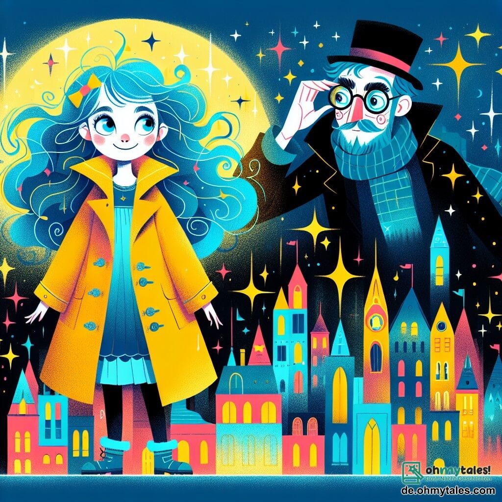 Une illustration destinée aux enfants représentant une jeune fille aux cheveux éclatants de bleu, vêtue d'un manteau jaune lumineux, se tenant courageusement devant une ville éclatante de couleurs, où les bâtiments scintillent comme des bonbons sous un ciel étoilé, tandis qu'un homme aux lunettes rondes, un peu fou mais brillant, se tient à ses côtés, scrutant l'horizon à la recherche d'un méchant ombreux menaçant de plonger leur monde dans l'obscurité.