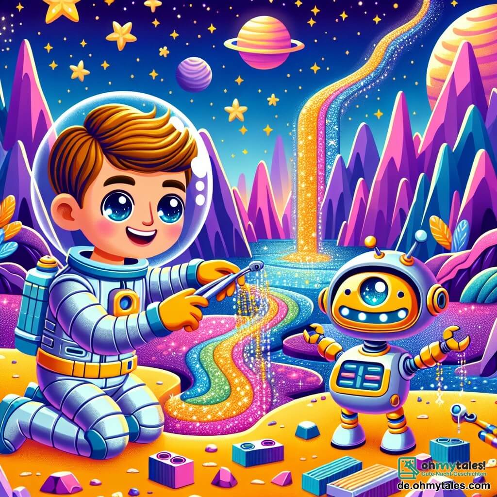 Une illustration sous forme de dessin destinée aux enfants représentant un paysage extraterrestre vibrant de couleurs, avec de grandes montagnes violettes et des rivières dorées scintillantes sous un ciel étoilé, où un homme aux cheveux bruns et aux yeux pétillants, vêtu d'un brillant espace-ensemble argenté, construit joyeusement une petite maison en utilisant des outils futuristes, tandis qu'un petit robot aux yeux ronds et lumineux, avec un corps métallique et des bras articulés, l'aide en tenant des pièces de construction, illustrant ainsi l'esprit d'aventure et de camaraderie dans leur mission de créer une nouvelle colonie sur ce mystérieux planèete.