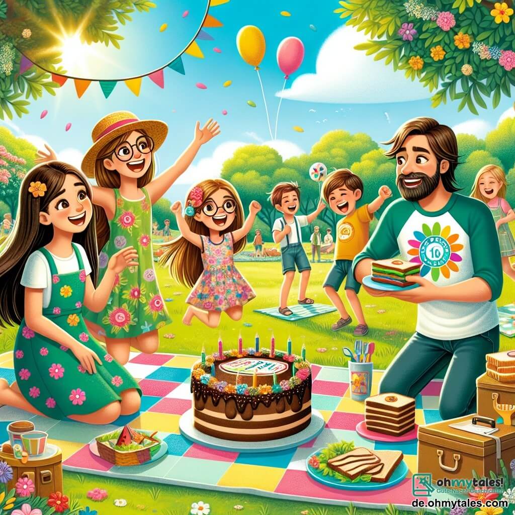 Eine Illustration zeigt einen sonnigen Park, der mit üppigem Grün und bunten Blumen gefüllt ist. In der Mitte liegt ein großes, buntes Picknicktuch auf dem Gras, umgeben von Lachen und Freude. Drei etwa 10-jährige Mädchen sind anwesend: eines hat lange braune Haare und trägt ein Blumenkleid, sie lächelt und hält ein großes, dekoriertes Schild; die zweite, mit blonden Haaren und Brille, bereitet Sandwiches auf einem Teller vor; die dritte, mit kastanienbraunen Haaren und einem bunten T-Shirt, ermutigt ihren Vater, an einem lustigen Rennen teilzunehmen. Im Hintergrund lachen vier Männer, alle in den Dreißigern, und bereiten sich auf ein Vater-Kind-Rennen vor, jeder trägt ein lässiges T-Shirt. Einer von ihnen hat einen Bart und einen Strohhut, während ein anderer eine Sonnenbrille trägt. Bunte Ballons schweben in der Luft, und ein Schokoladenkuchen mit Kerzen steht auf der Tischdecke. Die Atmosphäre ist festlich, voller Glück und Verbundenheit, und fängt den warmen Geist des Vatertags ein.
