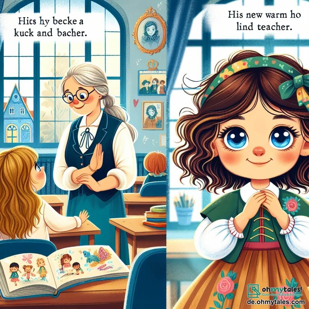 Une illustration destinée aux enfants représentant une petite fille aux boucles brunes et aux yeux bleus, vivant une aventure passionnante à l'école avec son nouveau professeur chaleureux et bienveillant, dans une salle de classe lumineuse et colorée remplie de dessins et de livres.
