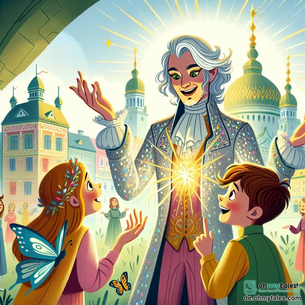 Une illustration sous forme de dessin destinée aux enfants représentant une grande, colorée Kuppel au centre de la ville de Regenbogenhausen, où un homme aux cheveux argentés et aux yeux brillants, vêtu d'un costume scintillant, montre avec enthousiasme aux enfants, une fille aux ailes de papillon et un garçon aux cheveux en bataille, comment utiliser leurs pouvoirs pour aider les autres, tandis qu'une douce lumière du soleil perce à travers les nuages, symbolisant l'espoir et l'amitié.