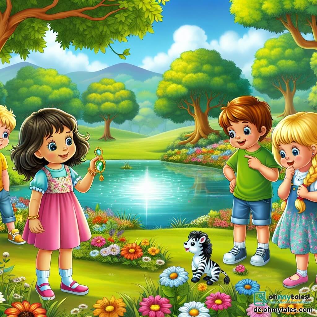 Illustration eines sonnigen Parks, gefüllt mit bunten Blumen und majestätischen Bäumen. In der Mitte spiegelt ein großer, schimmernder Teich den blauen Himmel wider, umgeben von üppigem Grün. In dieser Szene stehen vier Kinder zusammen: ein braunhaariges Mädchen, acht Jahre alt, mit einem rosa Kleid und einem neugierigen Lächeln, das ein goldenes Medaillon in den Händen hält. Neben ihr ein anderes Mädchen, blond und sprudelnd, in einem gelben T-Shirt und einer Jeansshorts, das fasziniert schaut. Ein Junge mit kastanienbraunen Haaren, in einem grünen T-Shirt und kurzen Hosen, zeigt auf eine große weiße Blume, die am Rand des Teichs wächst. Schließlich beugt sich ein weiteres Mädchen mit geflochtenen schwarzen Haaren, in einer blauen Bluse und einem Blumenrock, um einen kleinen Plüschzebra zu untersuchen, den sie im Gras gefunden hat. Die Hauptsituation zeigt die Kinder bei ihrer Erkundung, fasziniert von dem Medaillon und dem Zebra, umgeben von der Schönheit des Parks. Zusätzliche grafische Elemente sind bunte Vögel, die am Himmel fliegen, Schmetterlinge, die um die Blumen herumtanzen, und eine alte Holzbank, auf der ein älterer Mann ein Buch liest, was der fröhlichen Atmosphäre des Abenteuers eine Prise Geheimnis verleiht.