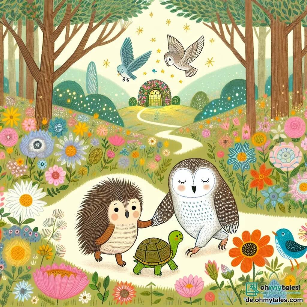 Une illustration destinée aux enfants représentant un petit hérisson curieux, une sage chouette et une timide tortue, se promenant main dans la main à travers un vaste champ fleuri menant à un jardin secret rempli de fleurs multicolores et de chants d'oiseaux, dans un magnifique et enchanteur bois enchanté.