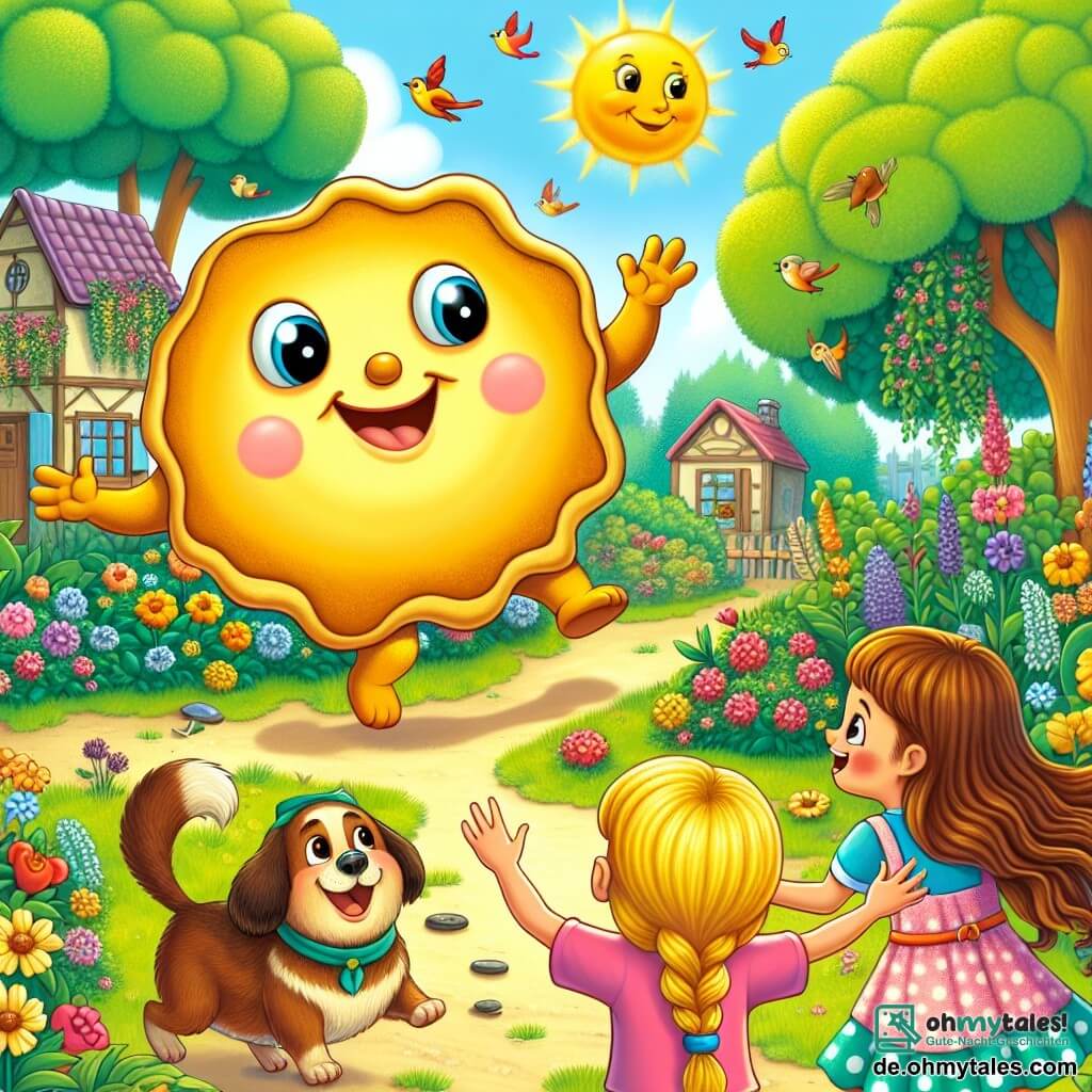 Eine Illustration zeigt einen sonnigen Garten in einem kleinen Dorf, gefüllt mit bunten Blumen und grünen Sträuchern. In der Mitte schwebt ein großer, fröhlicher Pfannkuchen, rund und golden, mit einem lächelnden Gesicht und Teigarmen, die sich bewegen. Daneben stehen drei Mädchen von etwa 7 Jahren: Eines hat lange braune Haare und trägt ein gepunktetes blaues Kleid, sie schaut den Pfannkuchen mit Staunen an; die zweite hat blonde Zöpfe und ein pinkes T-Shirt, sie lacht und hebt die Arme; die dritte hat rote Haare und trägt einen grünen Rock, sie nähert sich dem Pfannkuchen mit einem breiten Lächeln. Der Hund, ein kleiner brauner Hund mit hängenden Ohren, bellt fröhlich und springt um sie herum. Die Szene zeigt den Moment, in dem die Kinder sich bereitmachen, auf den Pfannkuchen für einen magischen Flug zu steigen, während bunte Vögel um sie herumfliegen und fröhlich singen.