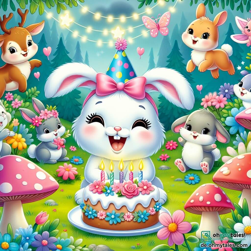 Une illustration destinée aux enfants représentant une petite lapine joyeuse fêtant son anniversaire avec ses amis animaux dans une clairière enchantée remplie de fleurs colorées et de champignons lumineux.