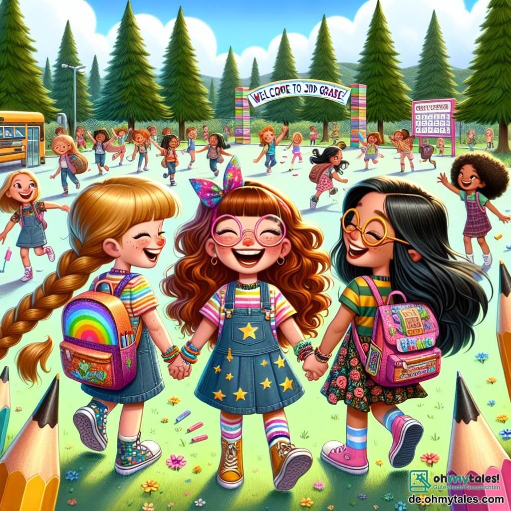Illustration, die eine fröhliche Szene auf einem Schulspielplatz darstellt, umgeben von großen, grünen Bäumen und bunten Blumen. Im Zentrum halten drei Mädchen von etwa 8 Jahren sich die Hände, lachen und lächeln. Eines hat lange, braune, in zwei Zöpfen geflochtene Haare und trägt einen sternenbedruckten Rucksack. Das zweite Mädchen hat lockige, rote Haare mit einem schelmischen Ausdruck und ein bunt gestreiftes T-Shirt. Das dritte Mädchen hat glatte schwarze Haare, verziert mit einer bunten Brille, und trägt ein Kleid mit Blumenmuster. Sie sind von Klassenkameraden umgeben, die zusammen spielen und Spaß haben. Im Hintergrund zeigt ein großes, farbenfrohes Schild "Willkommen in der 3. Klasse!" und riesige Buntstifte dekorieren den Boden. Die Atmosphäre ist voller Freude und Aufregung und fängt den Geist des Schulbeginns ein.