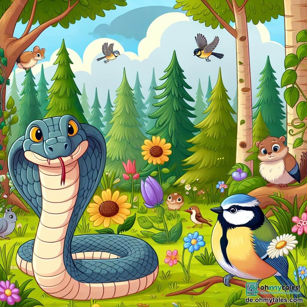 Une illustration destinée aux enfants représentant un serpent courageux, une meise blessée, une forêt luxuriante remplie de fleurs colorées, de grands arbres et d'animaux curieux.