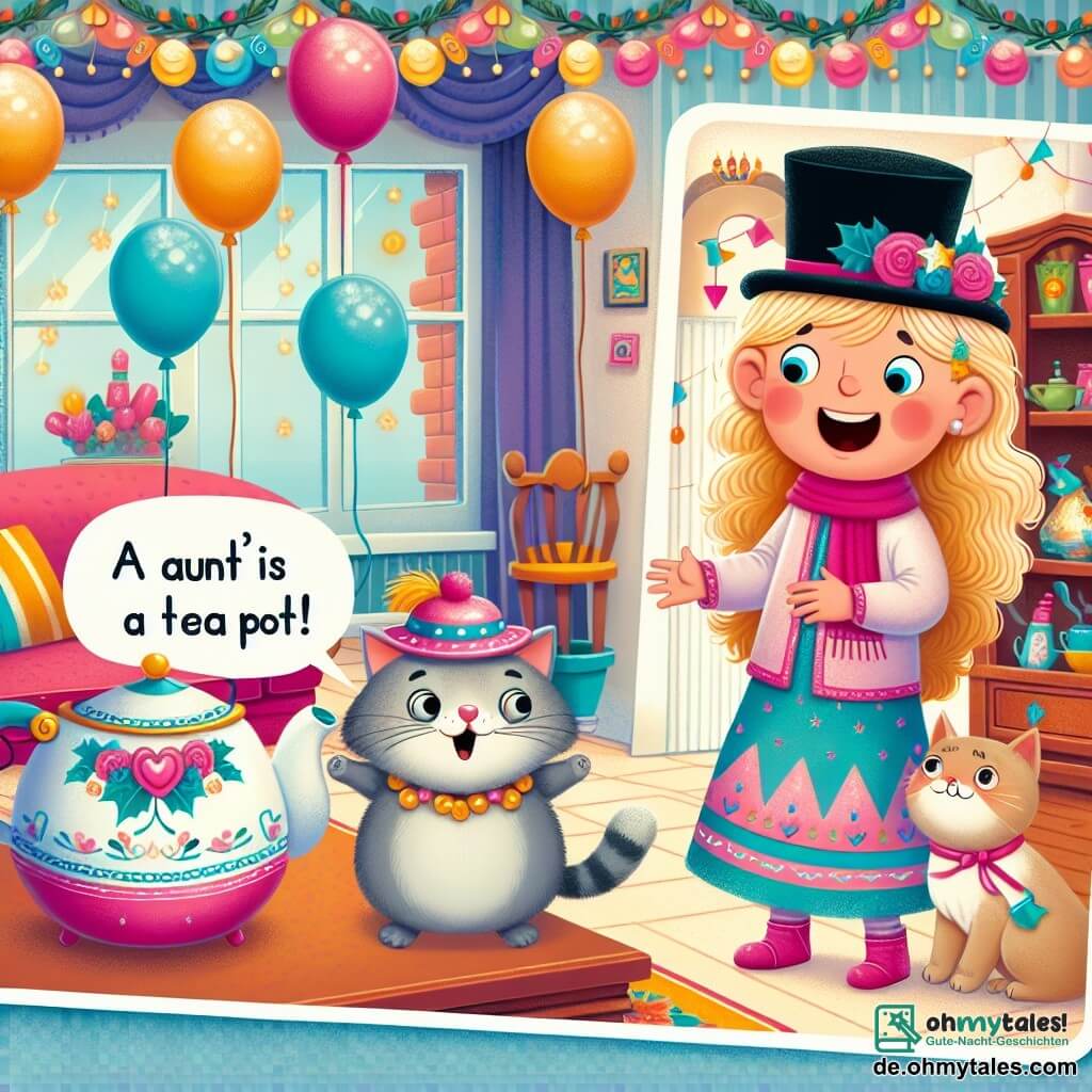 Une illustration destinée aux enfants représentant une fillette enthousiaste découvrant une théière parlante, accompagnée d'un chat portant un petit chapeau haut-de-forme, dans le salon coloré et festif de sa tante, avec des ballons et des guirlandes accrochés au plafond.