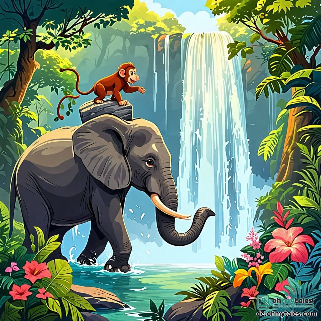 Une illustration sous forme de dessin destinée aux enfants représentant un magnifique paysage de jungle luxuriante avec des arbres géants et des fleurs colorées, où un éléphant majestueux aux grandes oreilles et à la peau grise se tient au bord d'un puissant et scintillant waterfall, en train de soulever un énorme rocher avec détermination, tandis qu'un petit singe espiègle aux yeux pétillants et à la fourrure brune l'encourage en sautant joyeusement sur son dos, symbolisant l'amitié et la coopération dans leur quête pour libérer le flot d'eau.