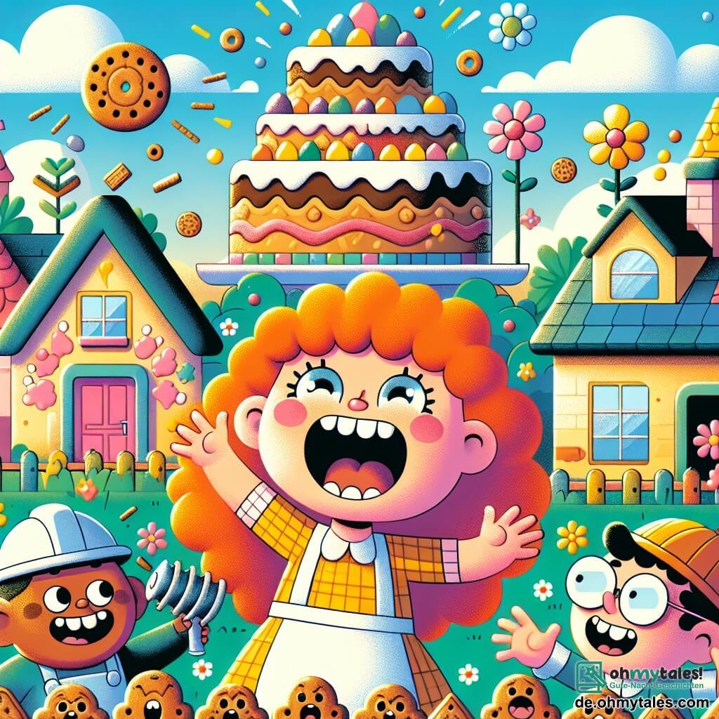 Une illustration sous forme de dessin destinée aux enfants représentant un village coloré et animé, avec des maisons aux toits en bonbons et des fleurs géantes, où une fille de 11 ans aux cheveux roux en bataille et aux yeux pétillants, en train de rire tout en essayant d'attraper des petits monstres en forme de biscuits qui s'échappent d'un énorme gâteau tombé du ciel, tandis qu'un garçon aux lunettes rondes et un autre garçon avec une casquette de bricoleur, tous deux amusés, tentent de les rattraper avec un drôle d'appareil à aspirer les gâteaux, le tout sous un ciel bleu parsemé de nuages moelleux.