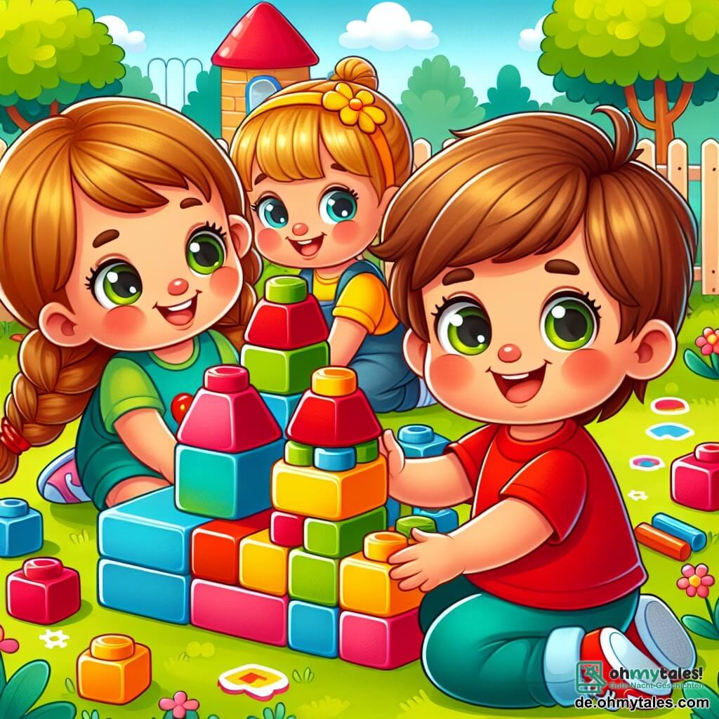 Une illustration sous forme de dessin destinée aux enfants représentant un grand et coloré jardin d'une école maternelle, avec un garçon de 3 ans aux cheveux bruns et aux yeux curieux, portant un t-shirt rouge et jouant joyeusement avec des blocs de construction, tandis qu'une petite fille aux longs cheveux blonds tressés et une autre petite fille avec une épingle à cheveux jaune l'observent en souriant, tous trois engagés dans la construction d'un grand château en blocs, illustrant l'excitation et l'amitié d'une première journée d'école.