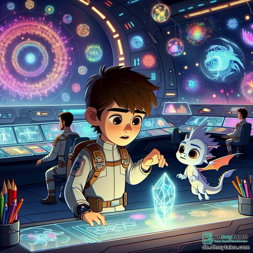 Une illustration sous forme de dessin destinée aux enfants représentant une vaste salle de contrôle d'une station spatiale futuriste, remplie de hologrammes colorés et de dispositifs technologiques scintillants, où un garçon de 11 ans aux cheveux bruns ébouriffés et aux yeux pétillants d'excitation, vêtu d'une combinaison spatiale légère, examine un mystérieux cristal lumineux, tandis qu'un petit dragon aux écailles iridescentes et aux yeux malicieux flotte à ses côtés, observant avec curiosité, alors qu'ils se préparent à affronter une ombre menaçante qui plane sur leur aventure, symbolisant la lutte entre la science et la magie.