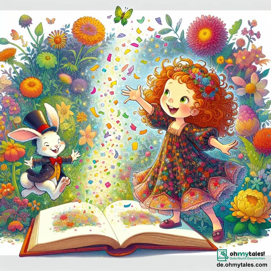 Une illustration sous forme de dessin destinée aux enfants représentant un jardin magique rempli de fleurs colorées et de plantes dansantes, où une fille de 7 ans aux cheveux orange ébouriffés, vêtue d'une robe à motifs de fleurs, rit en essayant d'attraper des confettis volants qui s'échappent d'un grand livre de magie ouvert devant elle, tandis qu'un petit lapin en costume avec un chapeau haut de forme, aux yeux pétillants de malice, l'encourage en sautant joyeusement à ses côtés, le tout baigné dans une lumière enchanteresse et joyeuse.