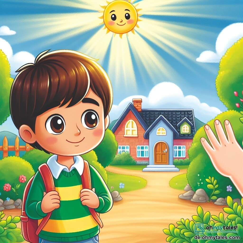 Une illustration destinée aux enfants représentant un garçon curieux et chaleureux, un nouvel élève timide et aimable, dans une petite école colorée entourée de verdure et de soleil, évoquant l'importance de la tolérance et de l'amitié.