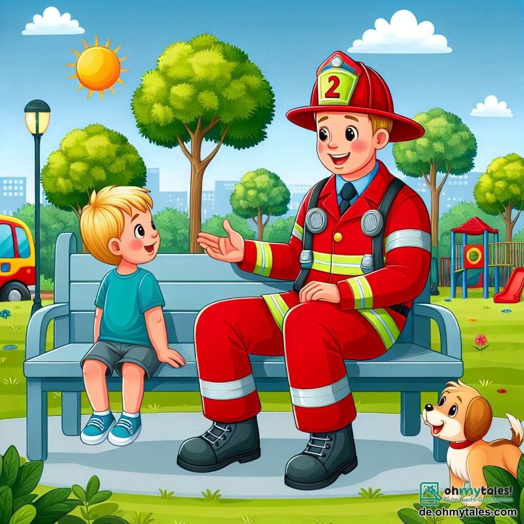 Une illustration sous forme de dessin destinée aux enfants représentant un parc ensoleillé avec des arbres verdoyants et une aire de jeux colorée, où un homme pompier en uniforme rouge, avec un casque brillant et un sourire chaleureux, est assis sur un banc en train de parler joyeusement à un petit garçon aux cheveux blonds, portant un t-shirt bleu et des shorts, qui l'écoute avec des yeux émerveillés, tandis qu'un petit chien curieux s'approche d'eux, capturant l'instant où le pompier partage ses aventures héroïques et inspire le garçon à rêver de devenir pompier.