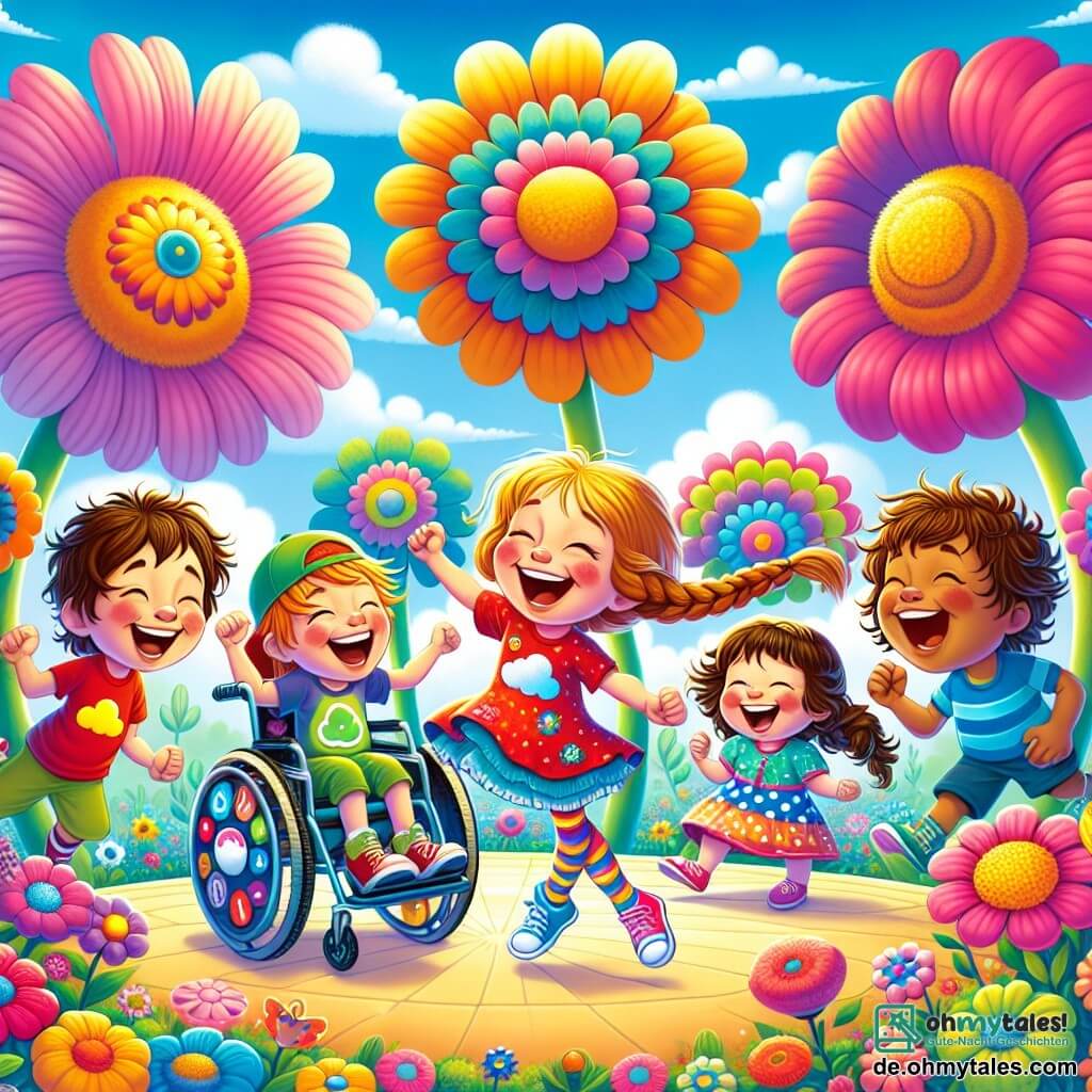 Illustration einer bunten und fröhlichen Szene in einer fantastischen Welt, wo riesige, leuchtend farbige Blumen in Rosa, Blau und Gelb unter einem strahlend blauen Himmel blühen. Im Zentrum steht eine Gruppe von vier Kindern, zwei Jungen und zwei Mädchen, die im Kreis stehen, lachen und tanzen. Der erste Junge, etwa 8 Jahre alt, hat zerzauste braune Haare und trägt ein rotes T-Shirt mit Wolkenmuster. Er lächelt breit, mit erhobenen Armen, als würde er vor Freude springen. Das zweite Mädchen, ebenfalls 8 Jahre alt, hat lange geflochtene blonde Haare und trägt ein buntes gepunktetes Kleid. Sie lacht laut, die Hände auf den Hüften, während sie ihre Freunde ansieht. Der dritte Junge, etwa 9 Jahre alt, sitzt in einem mit bunten Aufklebern dekorierten Rollstuhl. Er hat kastanienbraune Haare und trägt eine grüne Mütze. Er lächelt begeistert und hebt einen Arm, um seine Freunde zum Tanzen zu ermutigen. Schließlich hat das vierte Mädchen, 7 Jahre alt, lockige Haare und trägt ein lila T-Shirt. Sie macht eine lustige Tanzpose mit einem erhobenen Bein und einem großen Lächeln. Im Hintergrund schwebt ein großer fliegender Kuchen mit funkelnden Kerzen über der Gruppe, während lustige Kreaturen wie tanzende Kekse und lächelnde Bonbons sie umgeben. Die Atmosphäre ist erfüllt von Lachen und Freude und fängt den Geist einer magischen und spielerischen Feier ein.