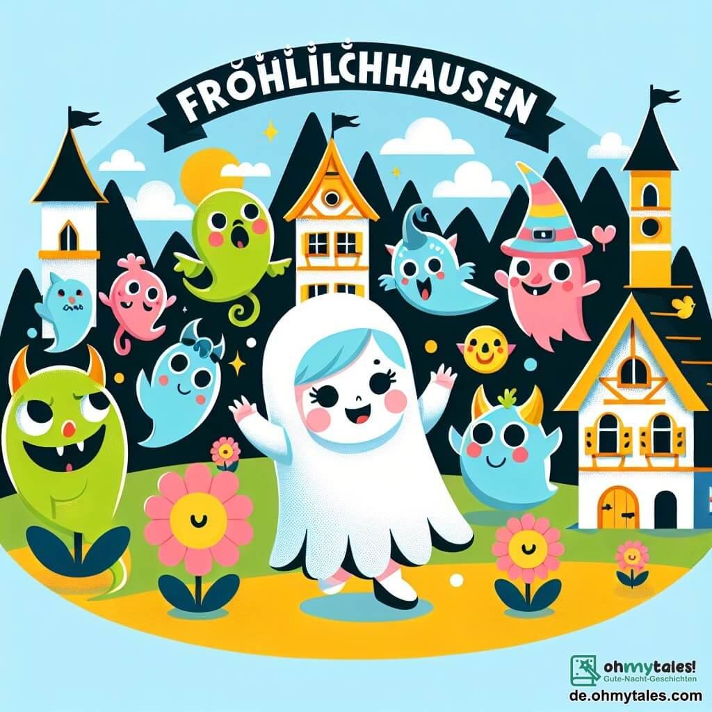 Une illustration destinée aux enfants représentant une jeune fantôme fille, entourée de créatures rigolotes, dans un village coloré et joyeux appelé Fröhlichhausen.