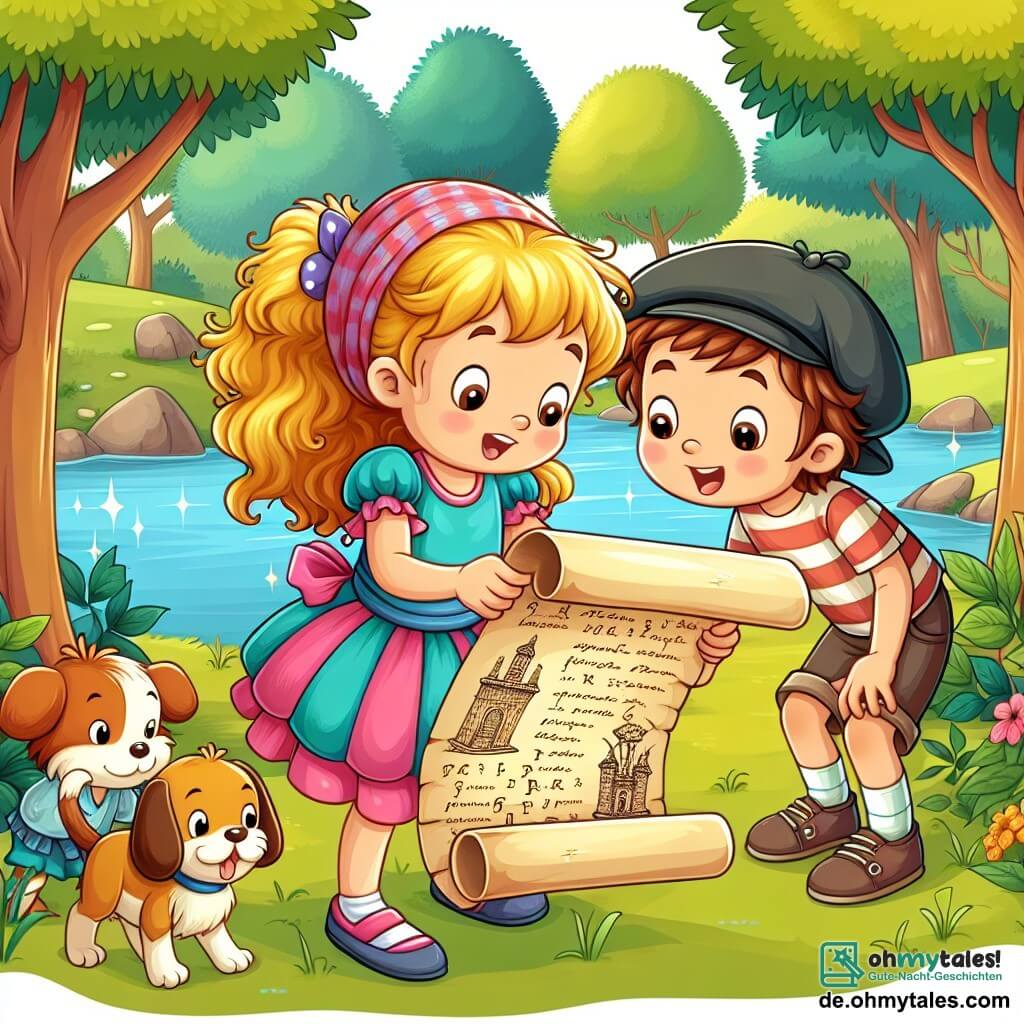 Une illustration sous forme de dessin destinée aux enfants représentant un parc ensoleillé avec de grands arbres et un glissant étang, où une petite fille de 5 ans aux cheveux bouclés et blonds, portant une robe colorée, examine avec curiosité un vieux parchemin mystérieux, tandis que deux de ses amis, un garçon aux cheveux bruns en t-shirt rayé et une fille aux cheveux châtains avec une casquette, se penchent par-dessus son épaule, tous trois captivés par l'idée de résoudre un énigme pour trouver un trésor caché.